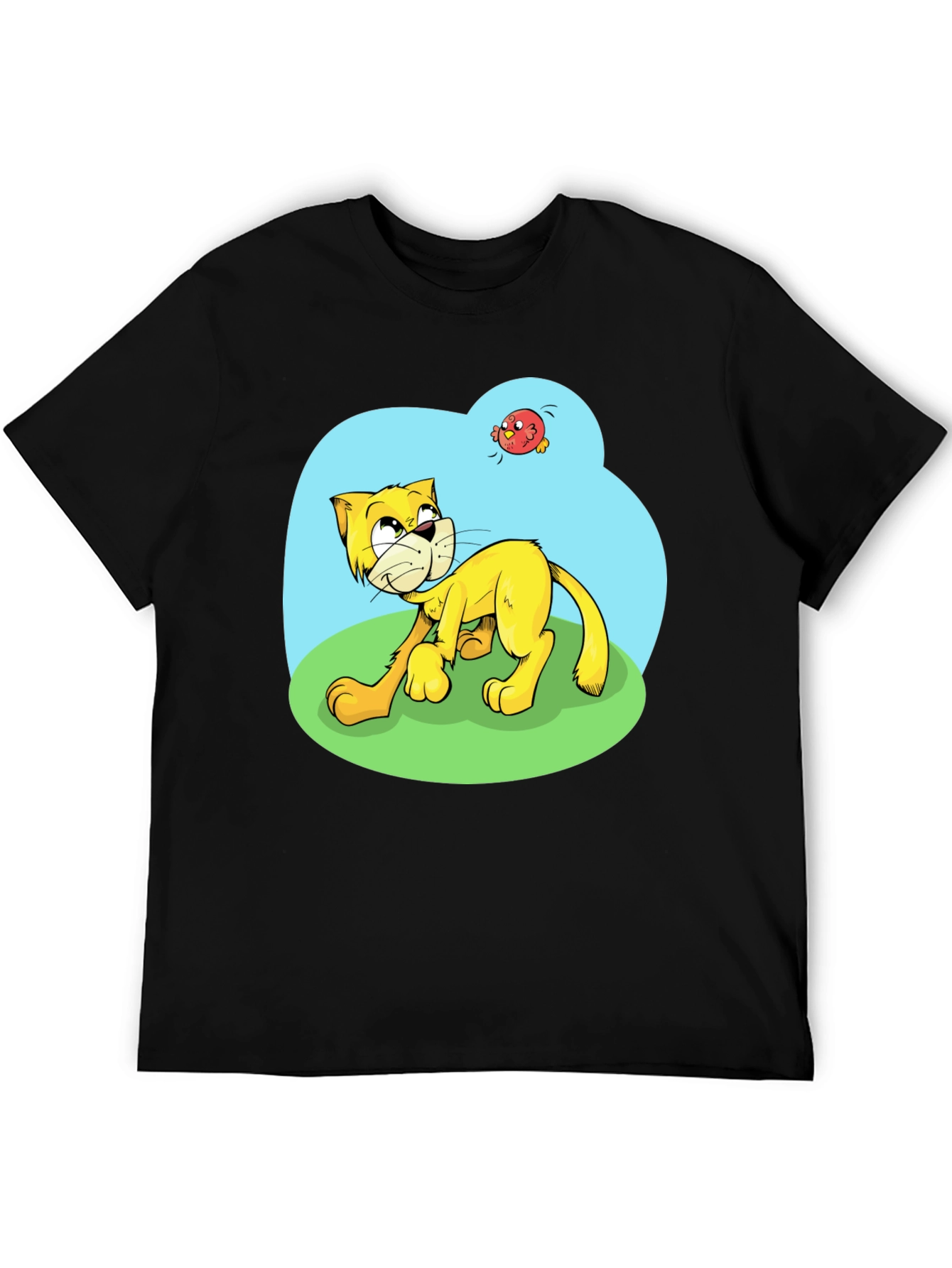 Cartoon Cat Graphic Tee - Black Casual T-Shirt
