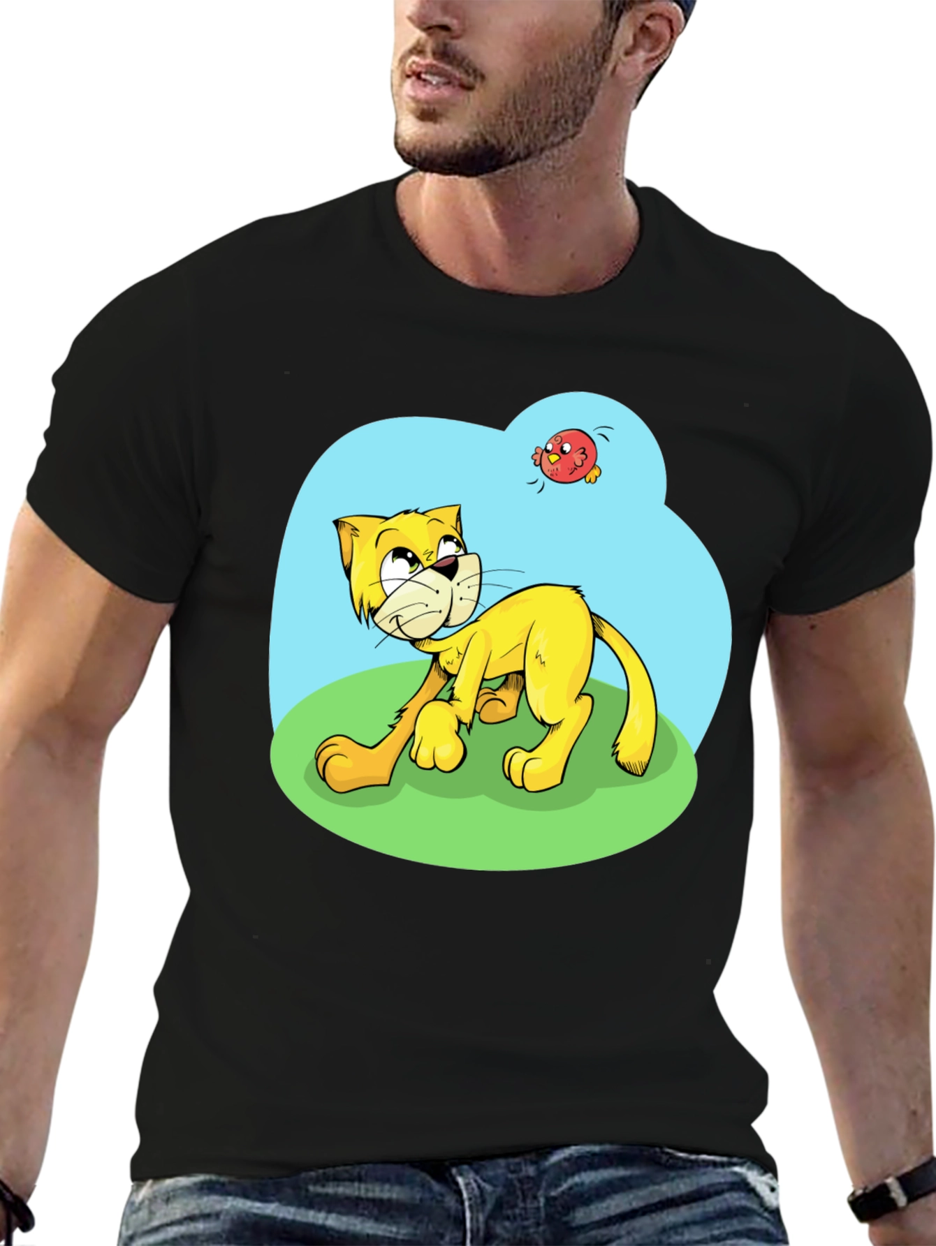 Cartoon Cat Graphic Tee - Black Casual T-Shirt