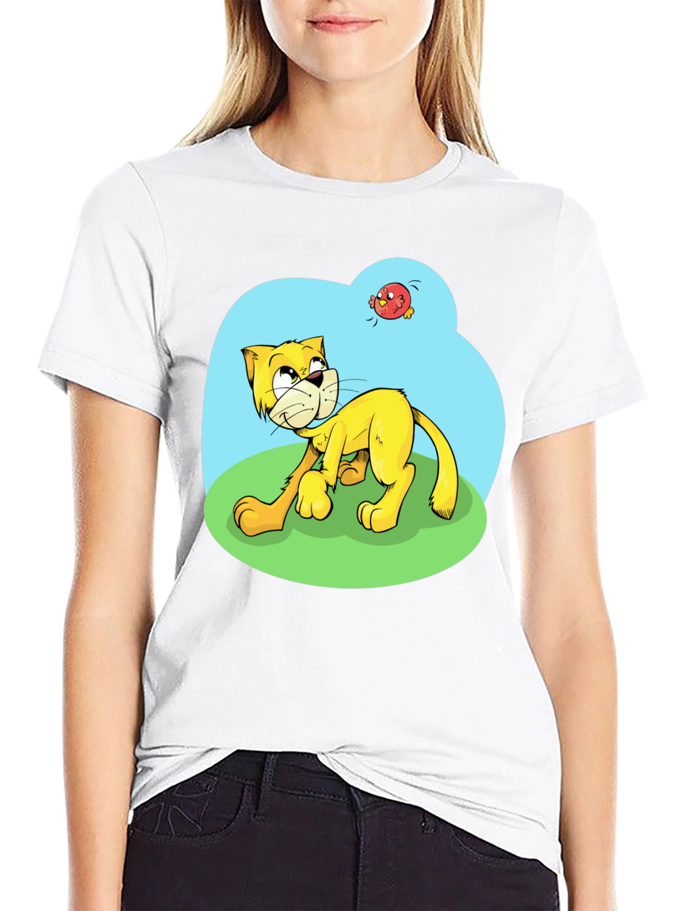 Cartoon Cat Graphic Tee - Black Casual T-Shirt