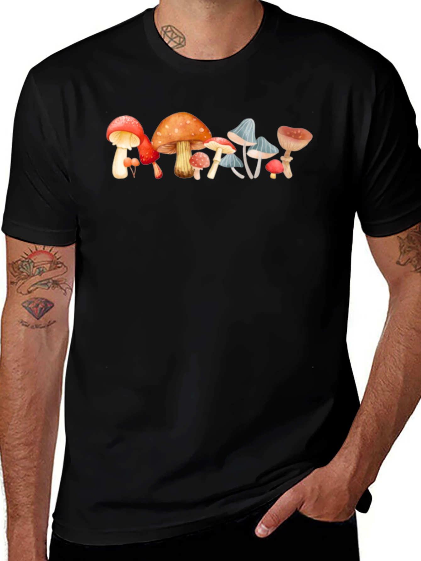 Mushroom Print Black Cotton Tee