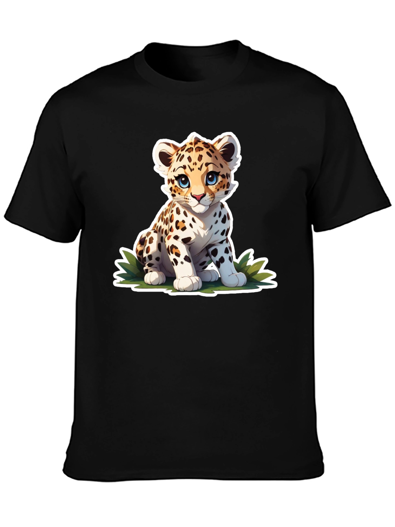 Cute Cartoon Leopard Graphic Tee - Black