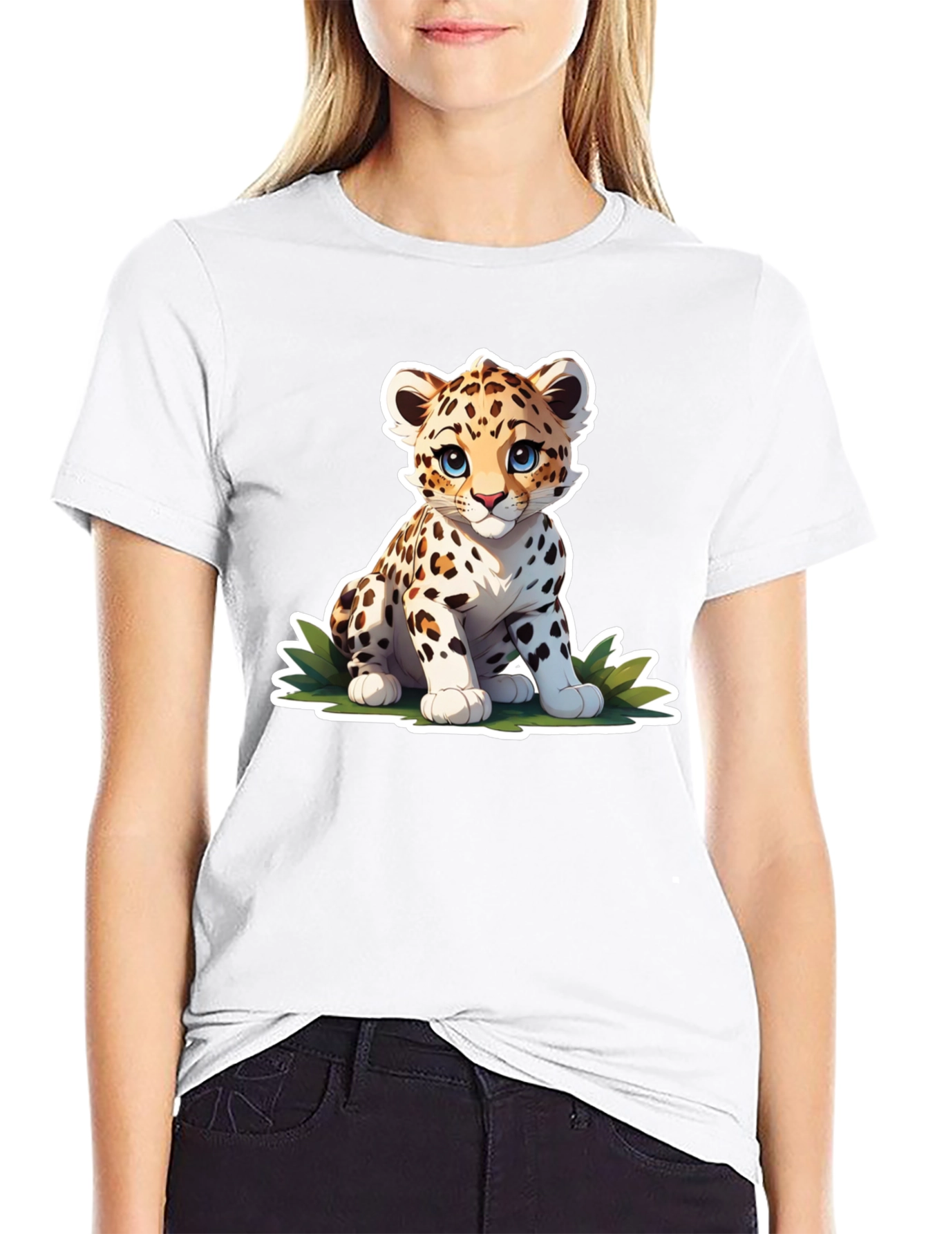 Cute Cartoon Leopard Graphic Tee - Black