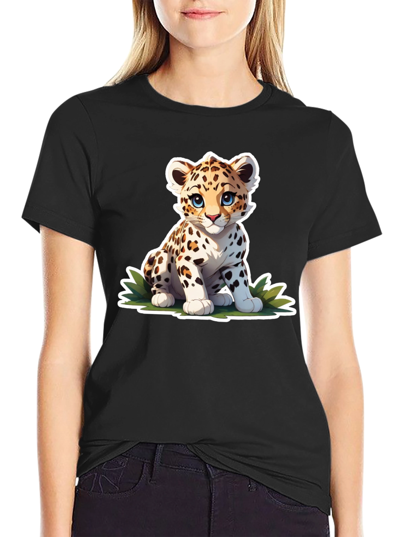 Cute Cartoon Leopard Graphic Tee - Black