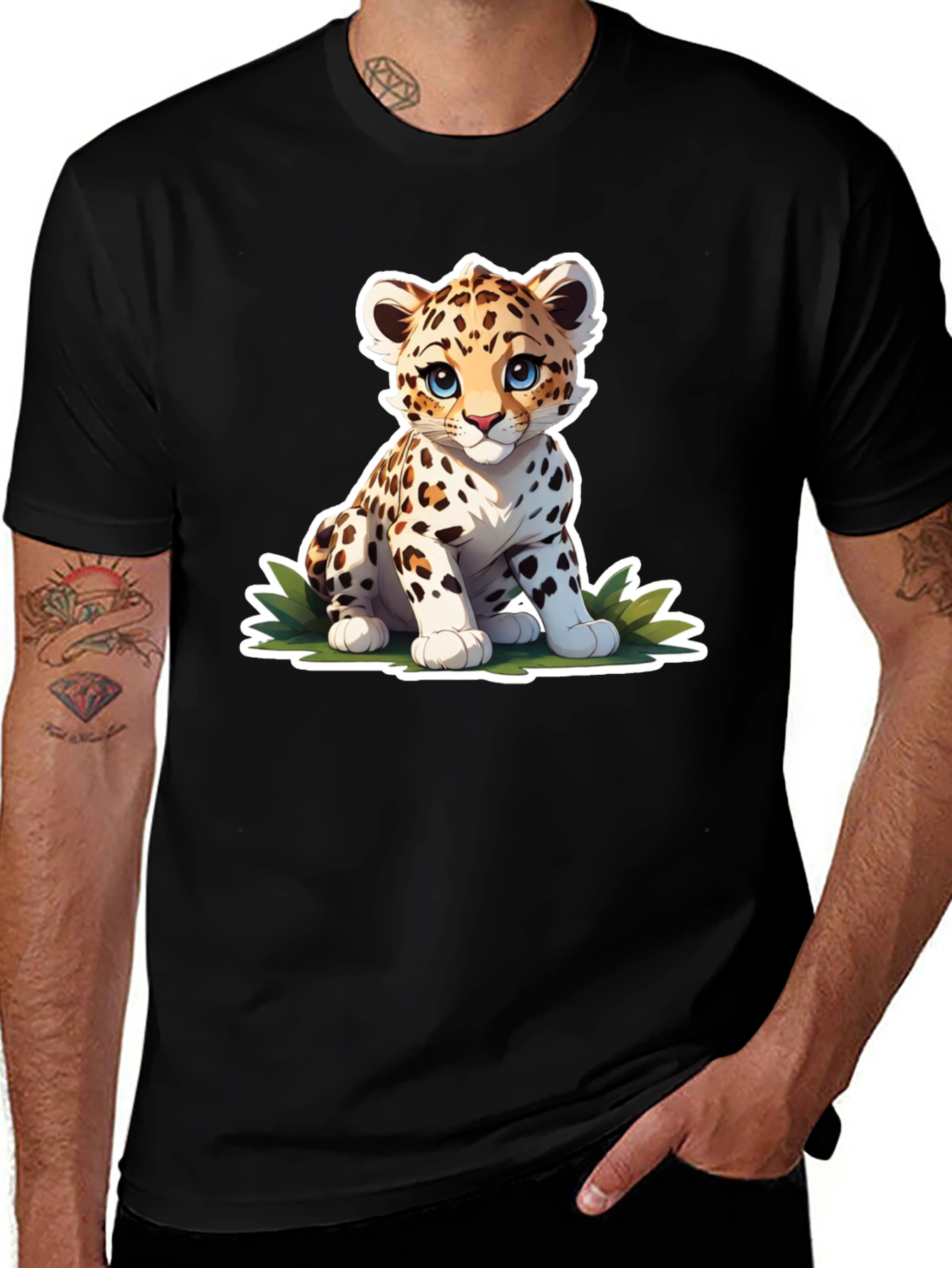 Cute Cartoon Leopard Graphic Tee - Black