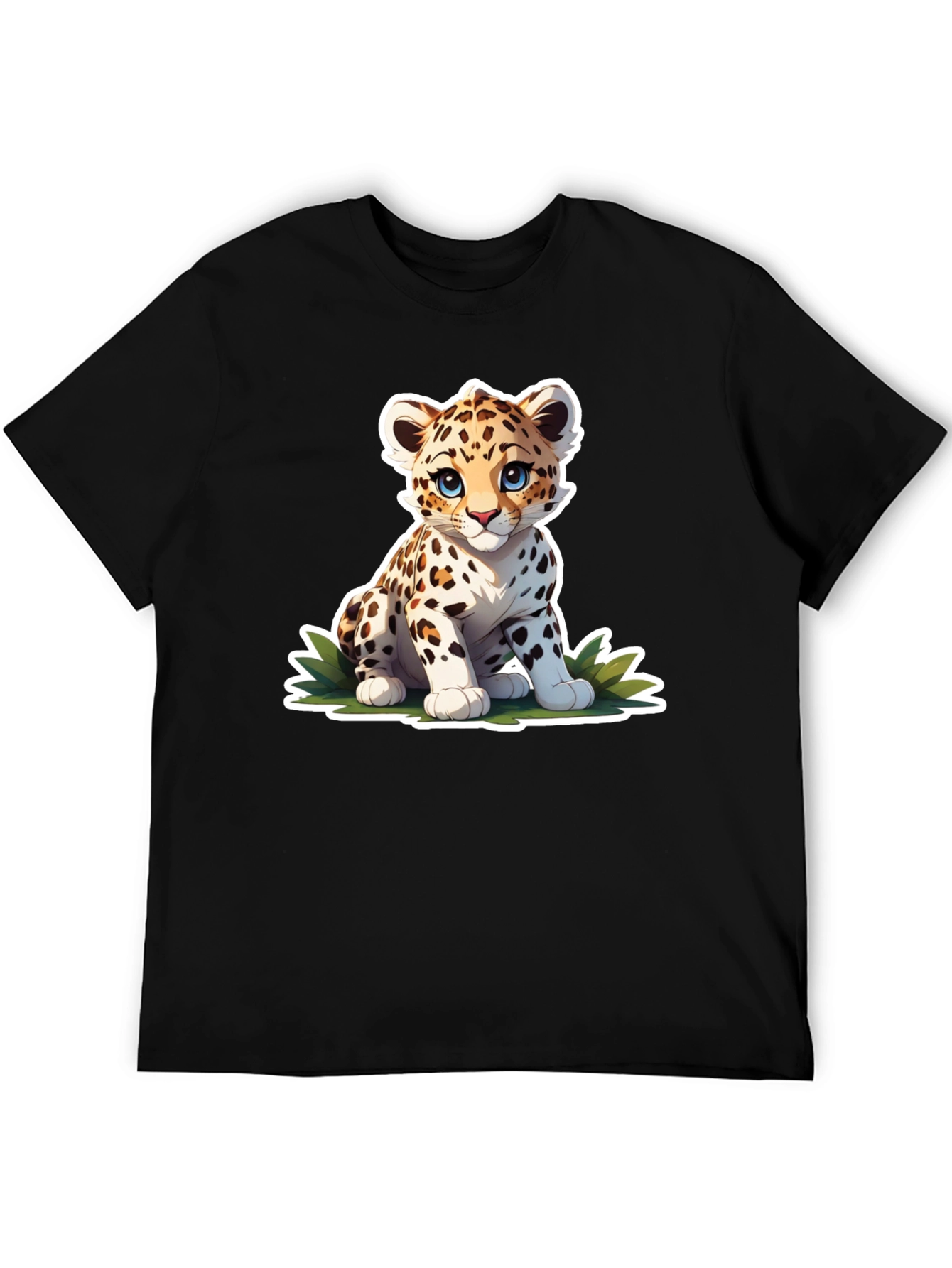 Cute Cartoon Leopard Graphic Tee - Black