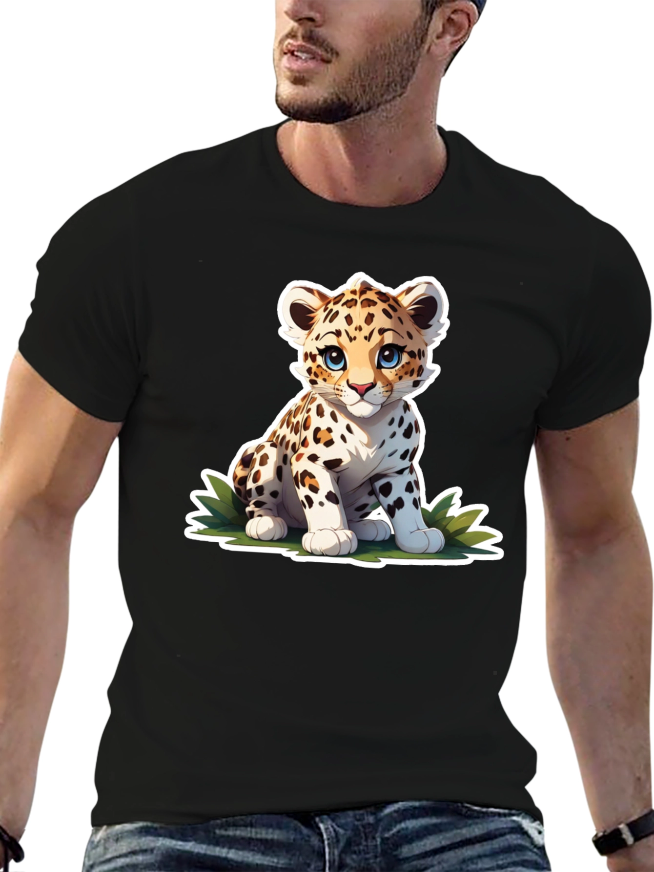 Cute Cartoon Leopard Graphic Tee - Black