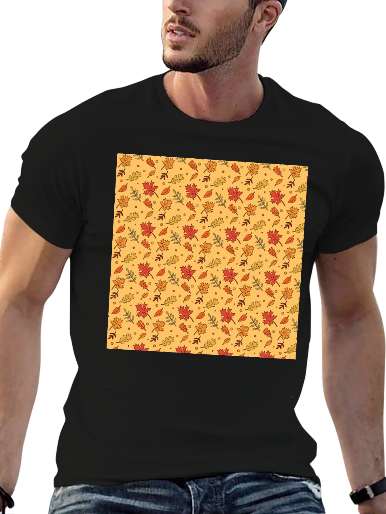 Autumn Leaves Pattern Black T-Shirt