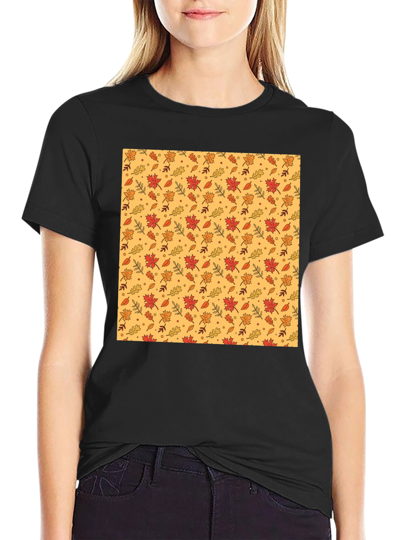 Autumn Leaves Pattern Black T-Shirt