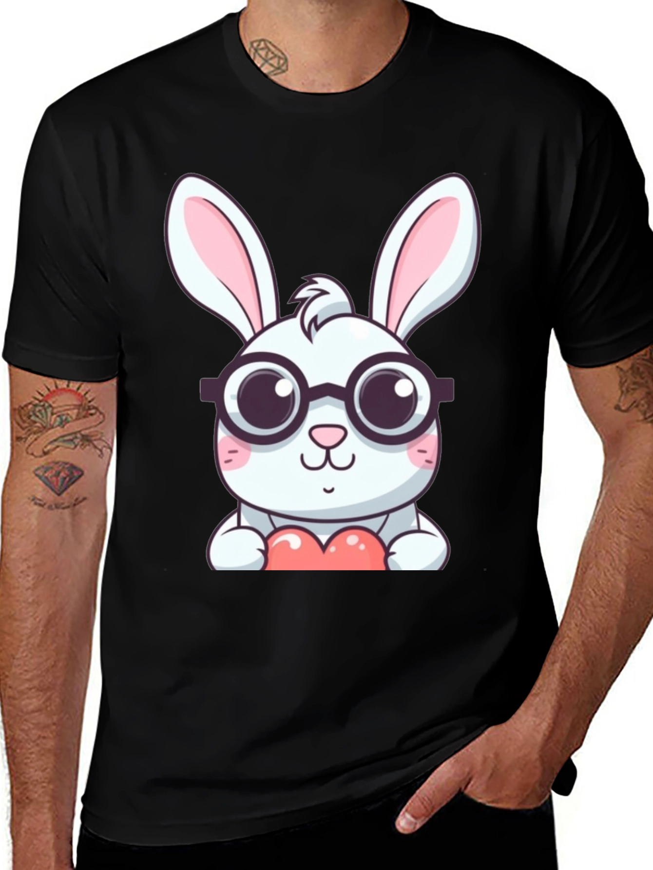 Cute Bunny with Glasses Black T-Shirt