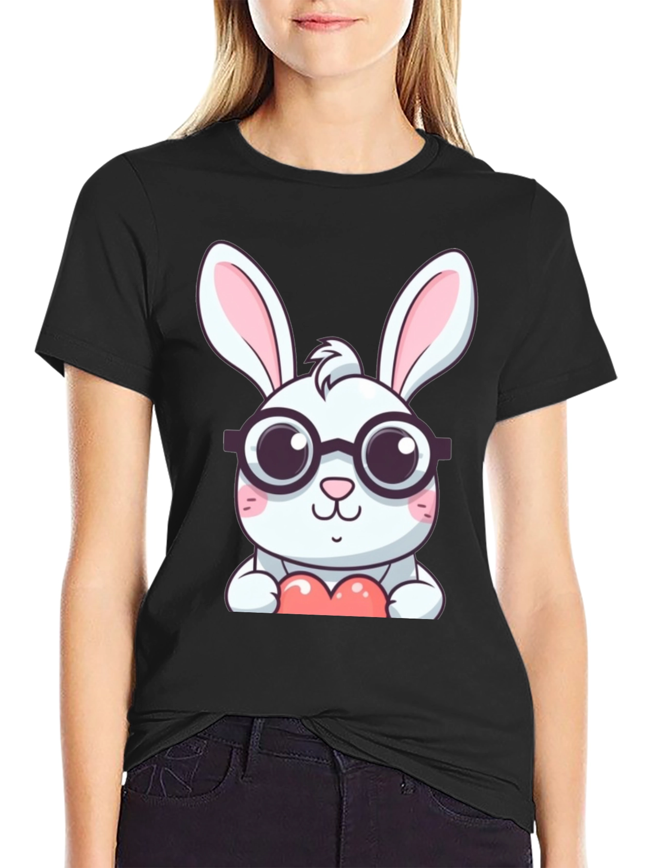 Cute Bunny with Glasses Black T-Shirt
