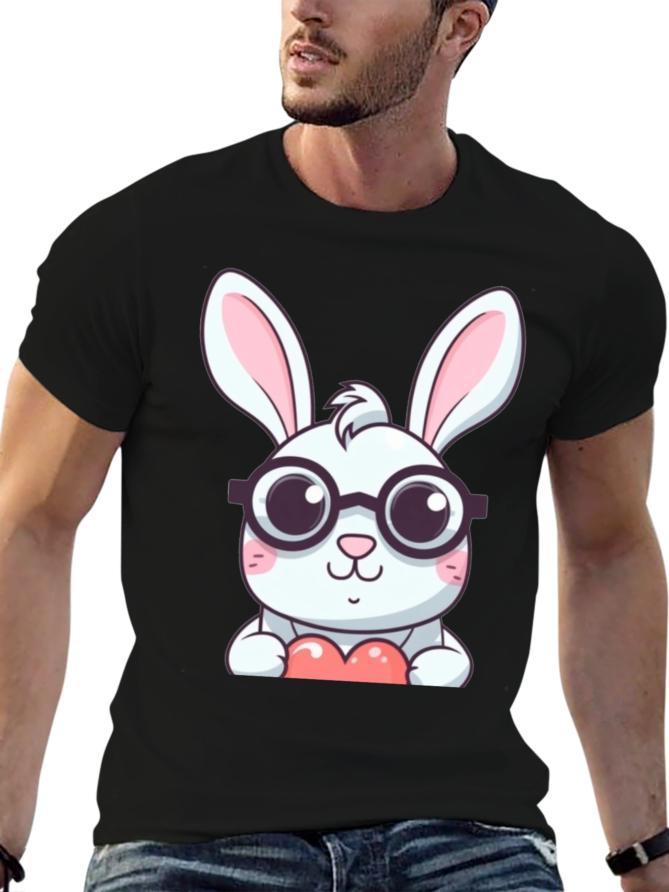 Cute Bunny with Glasses Black T-Shirt