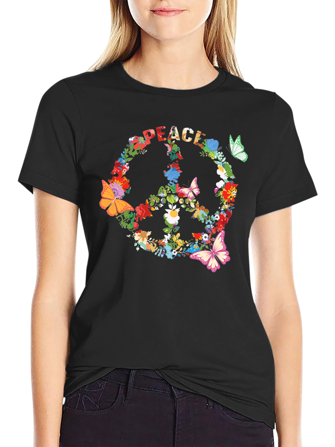 Peace Sign Floral Butterfly T-Shirt