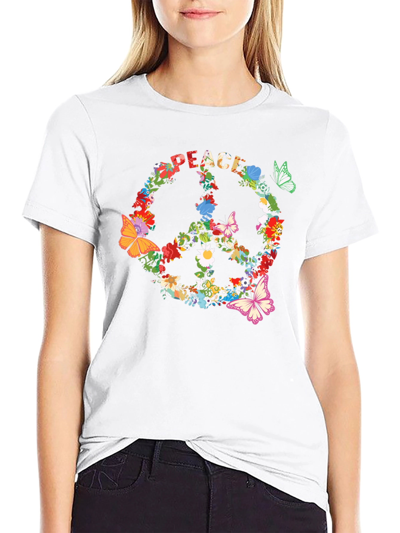 Peace Sign Floral Butterfly T-Shirt