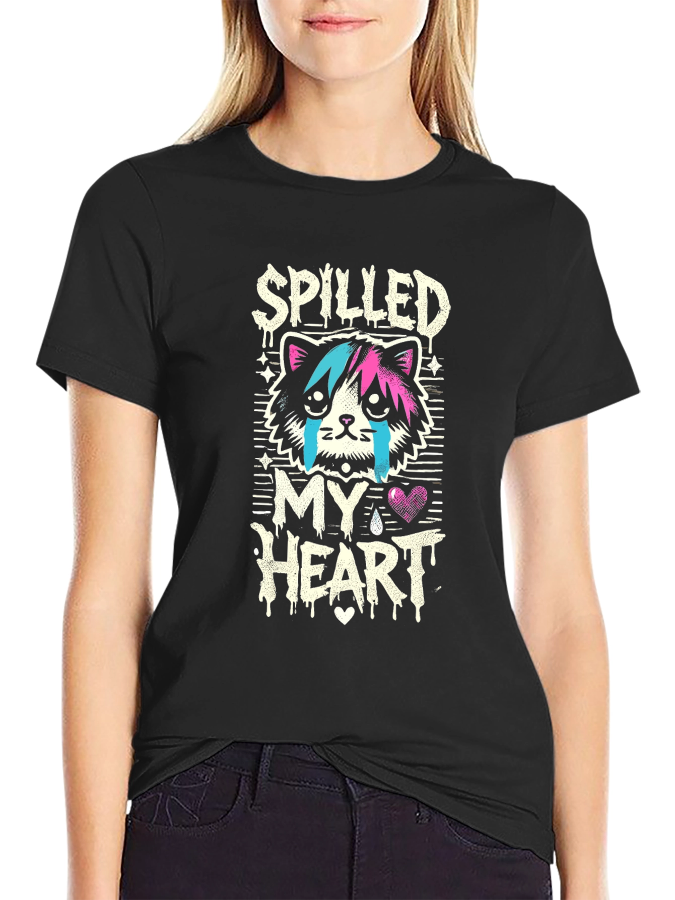Spilled My Heart Graphic Tee - Sad Cat Design