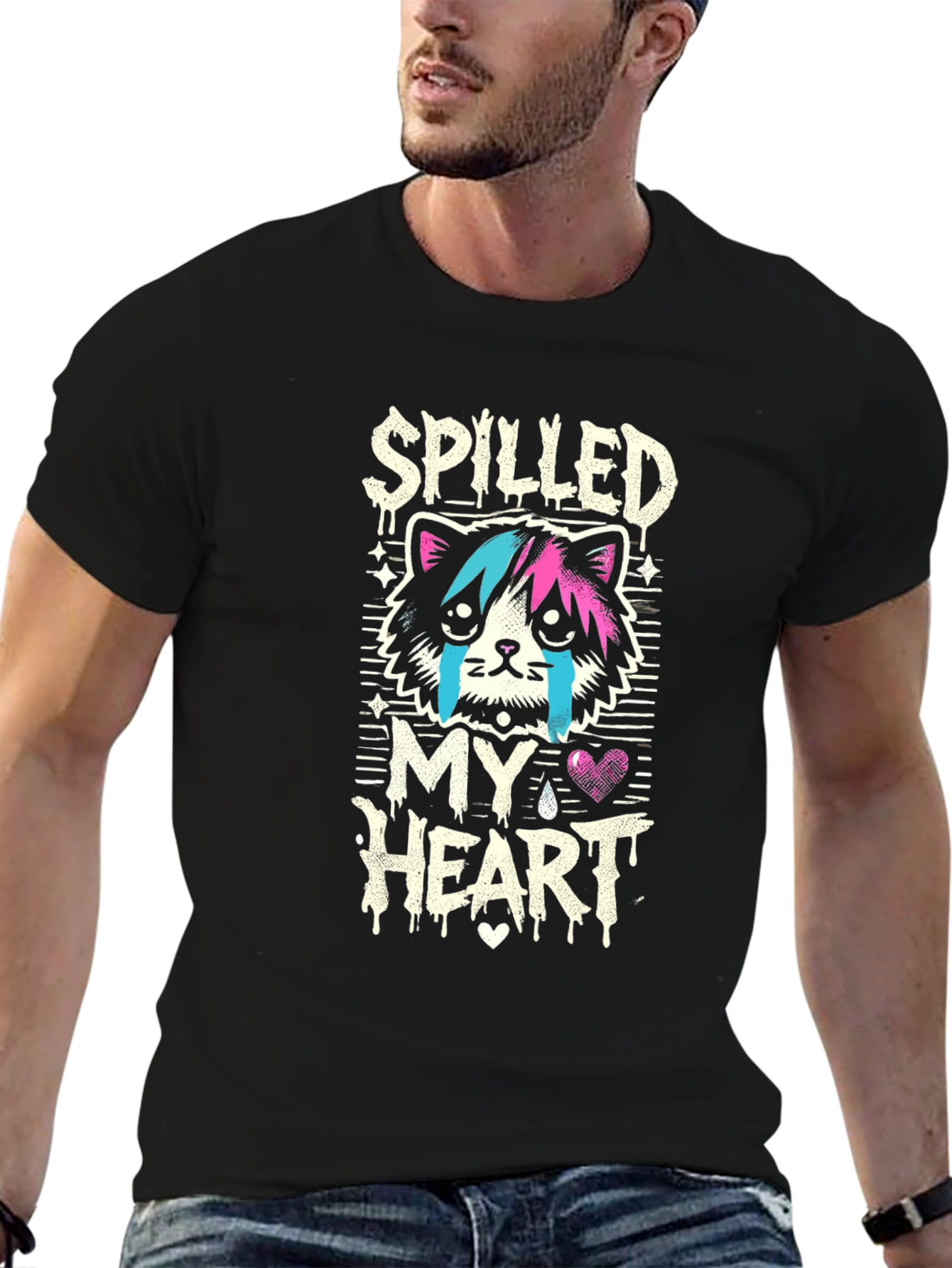Spilled My Heart Graphic Tee - Sad Cat Design