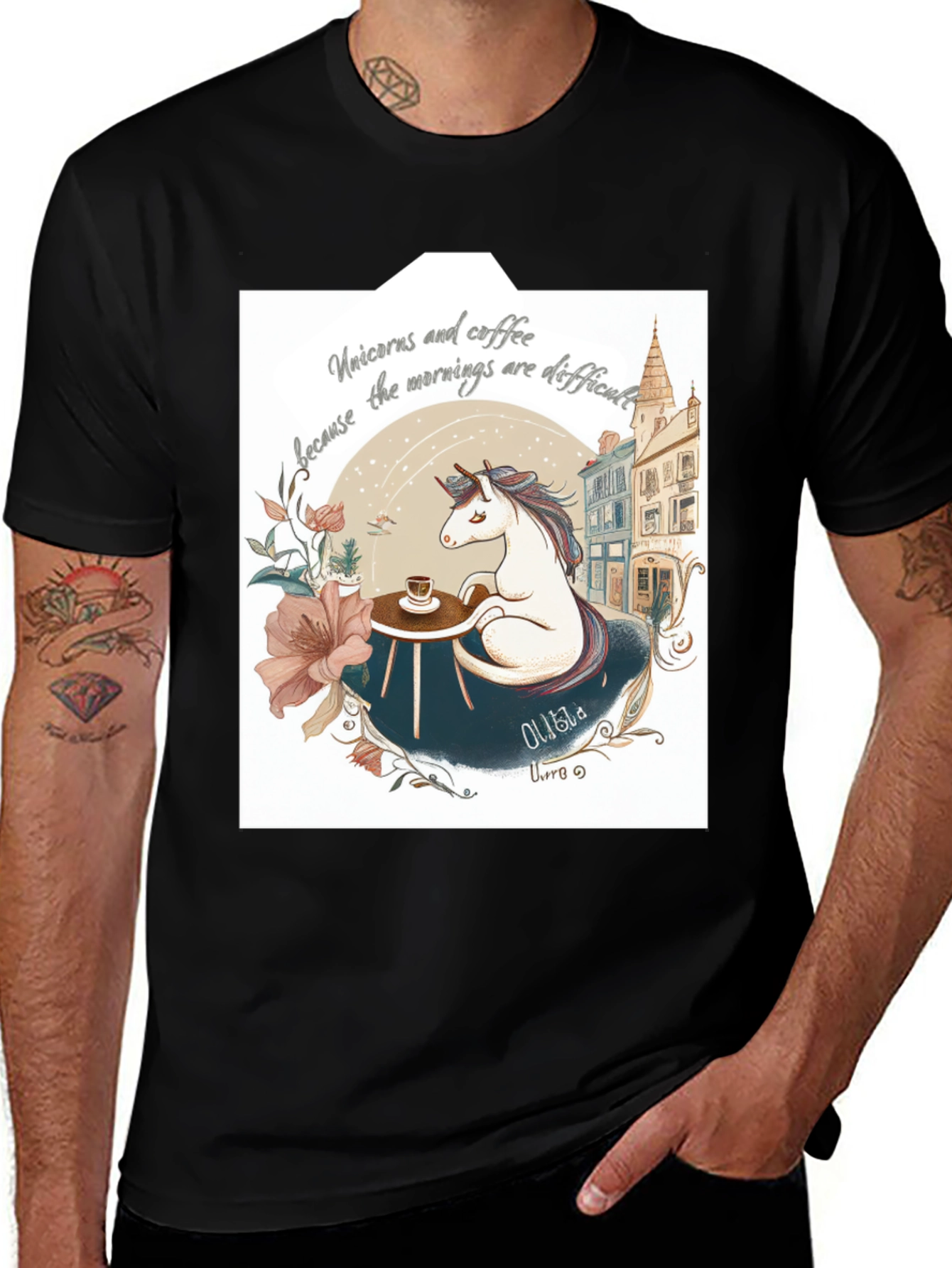 Unicorns and Coffee Black T-Shirt