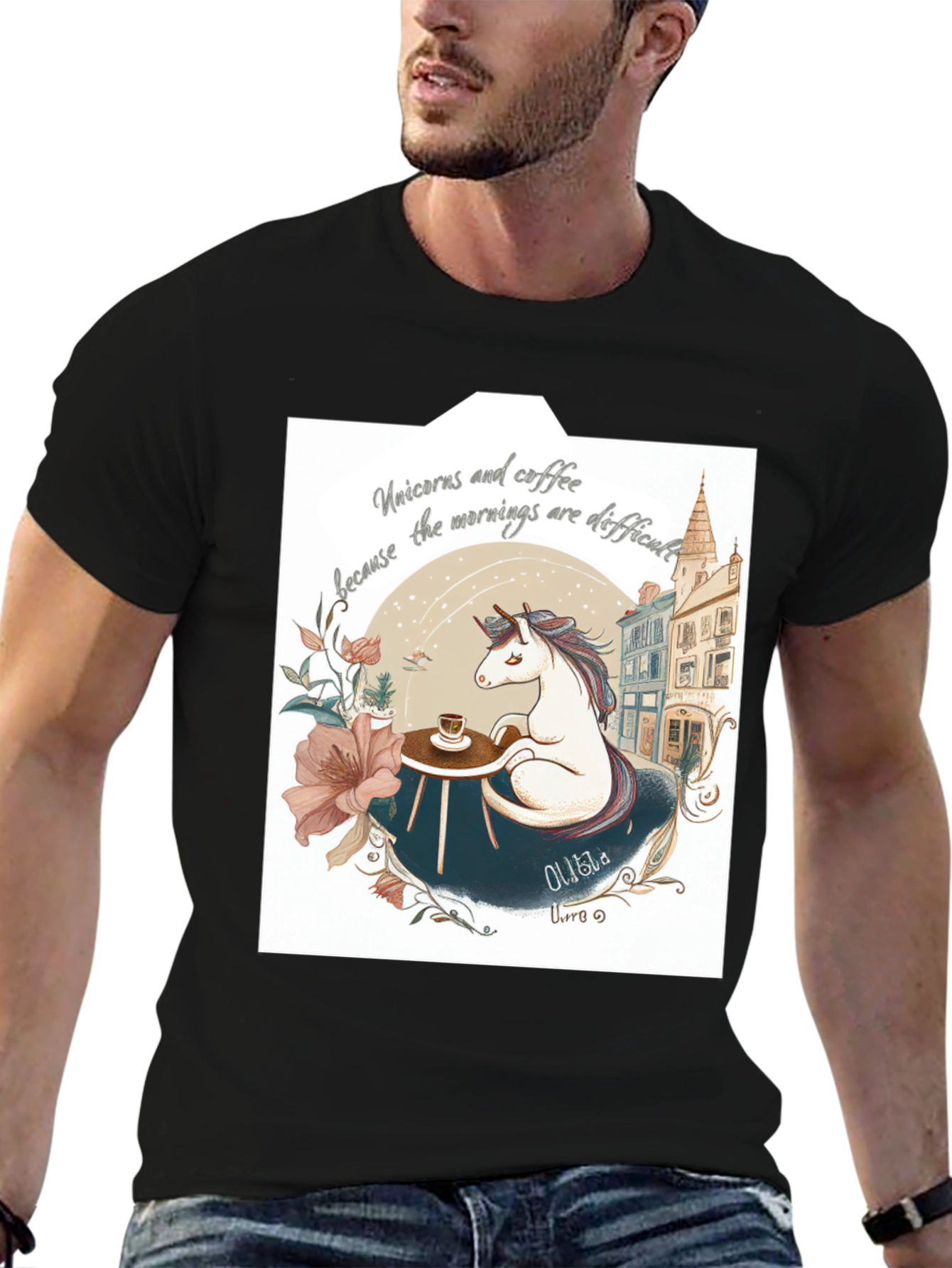 Unicorns and Coffee Black T-Shirt