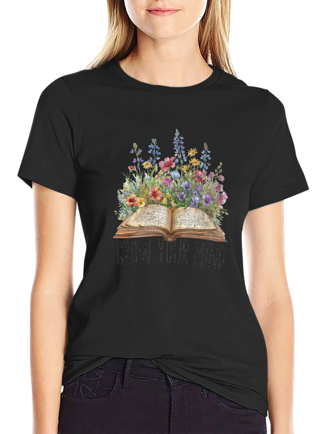 Grow Your Mind T-Shirt - Floral Book Design