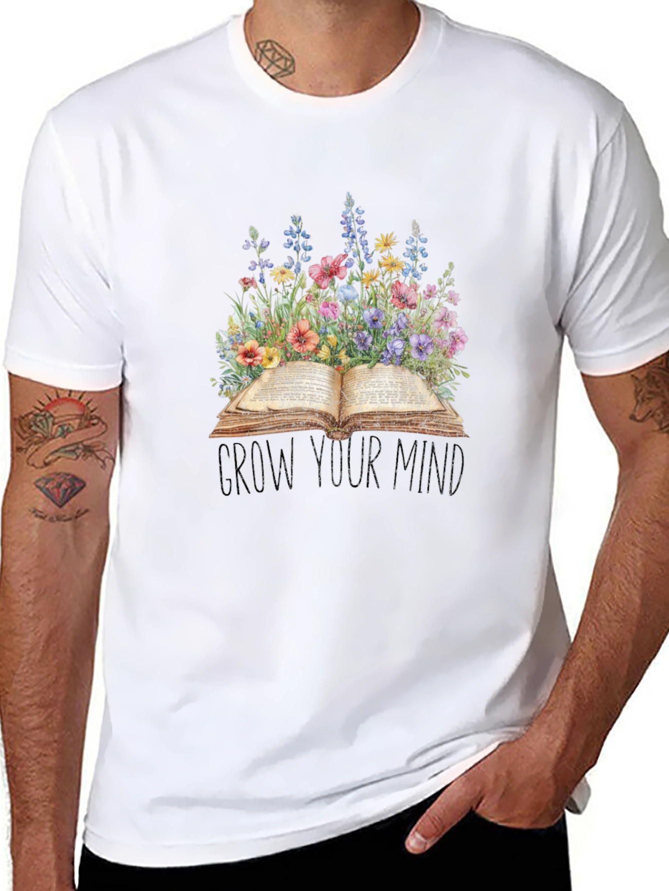 Grow Your Mind T-Shirt - Floral Book Design