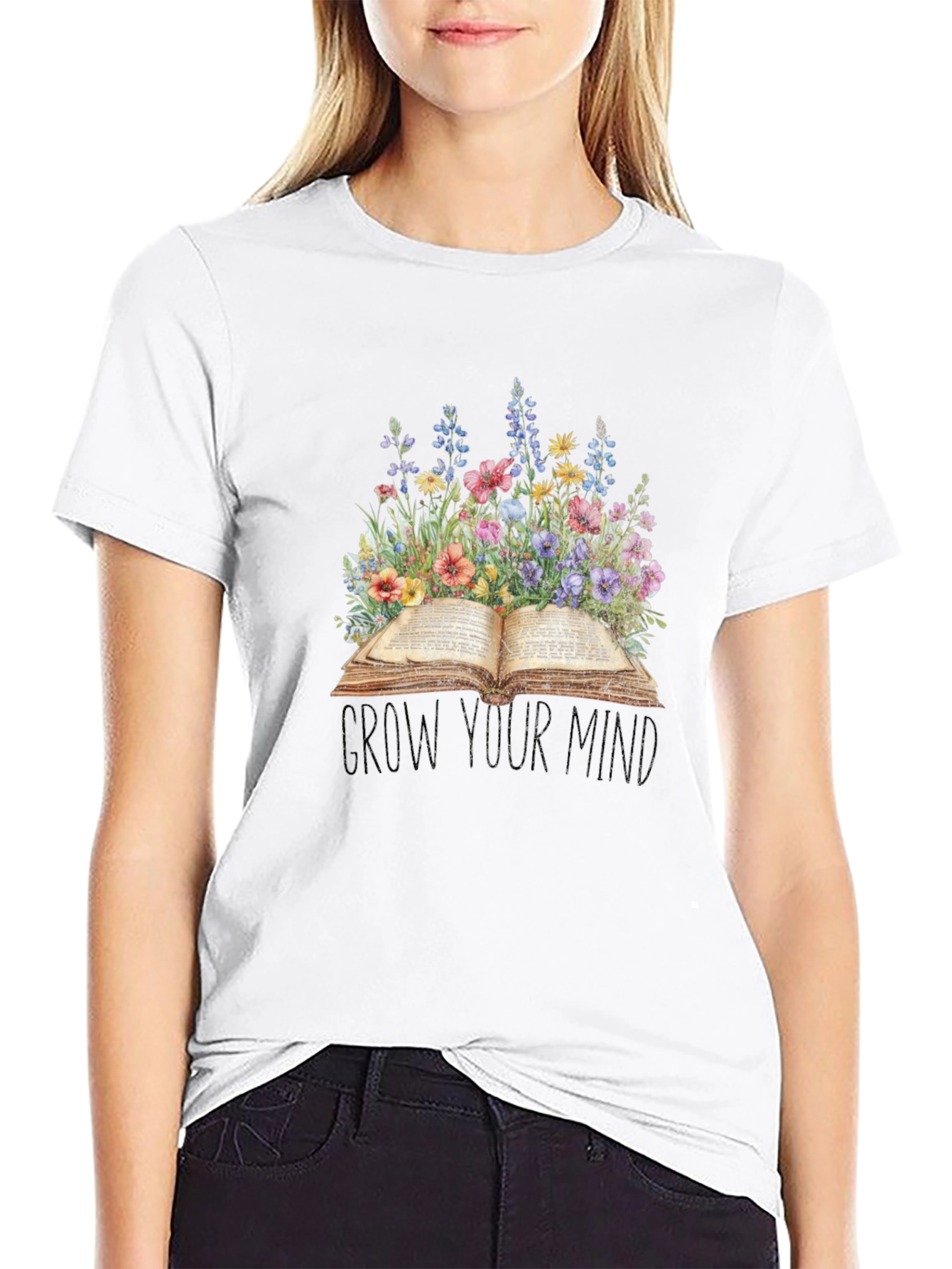 Grow Your Mind T-Shirt - Floral Book Design