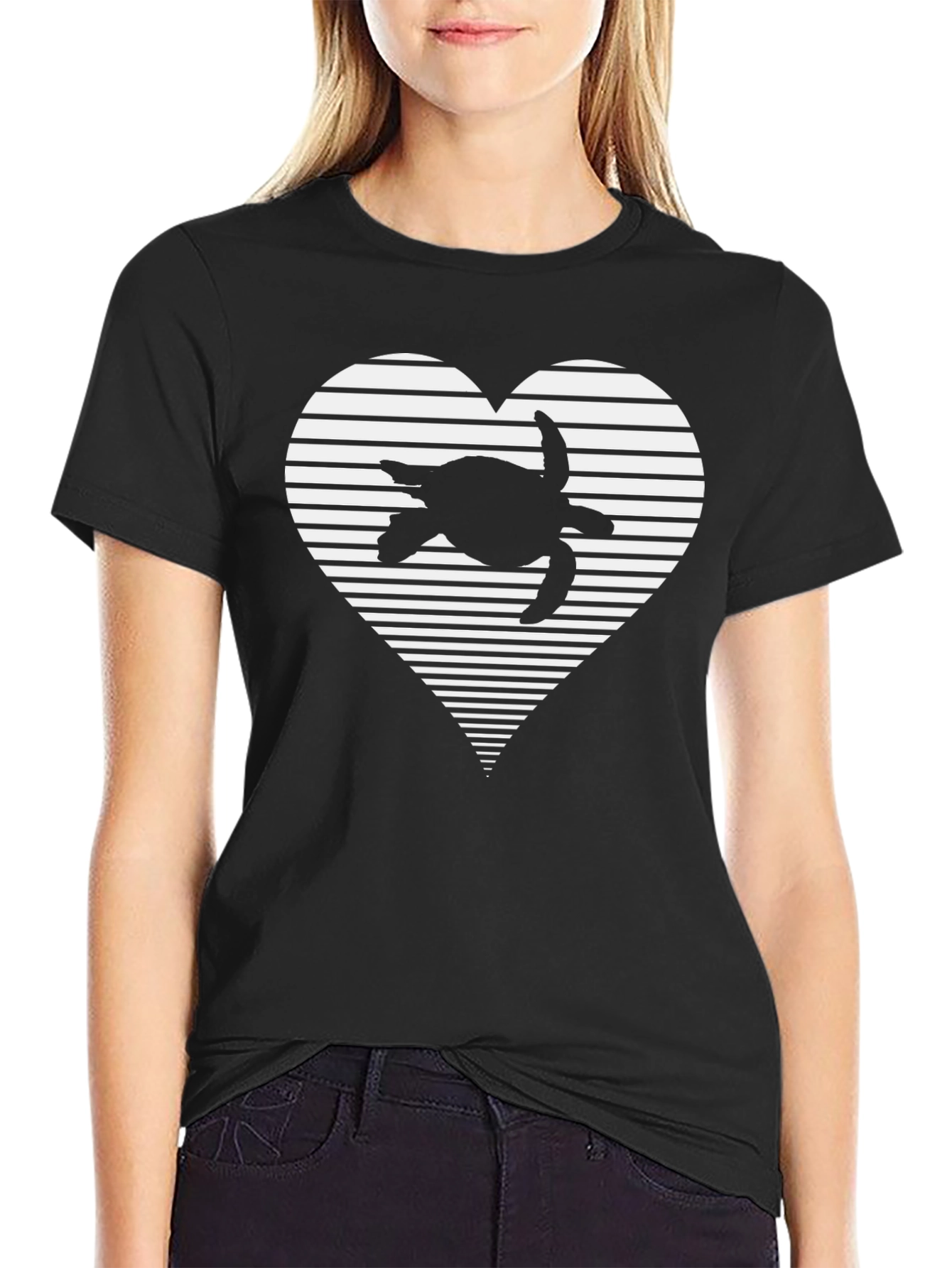 Turtle Heart Striped Graphic Tee - Casual Black T-Shirt