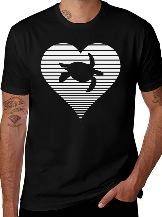 Turtle Heart Striped Graphic Tee - Casual Black T-Shirt