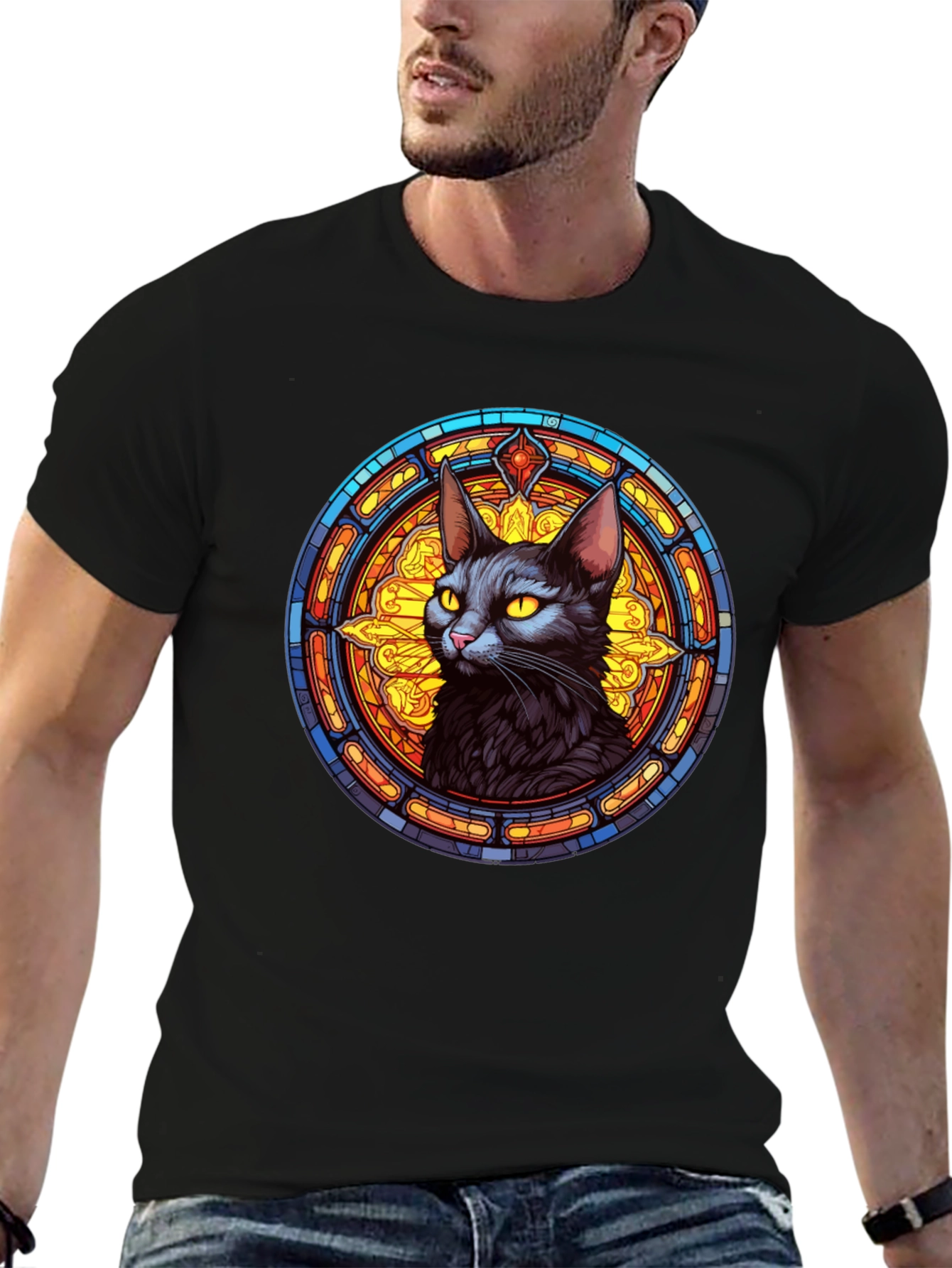 Stained Glass Cat Graphic Tee - Unique Design