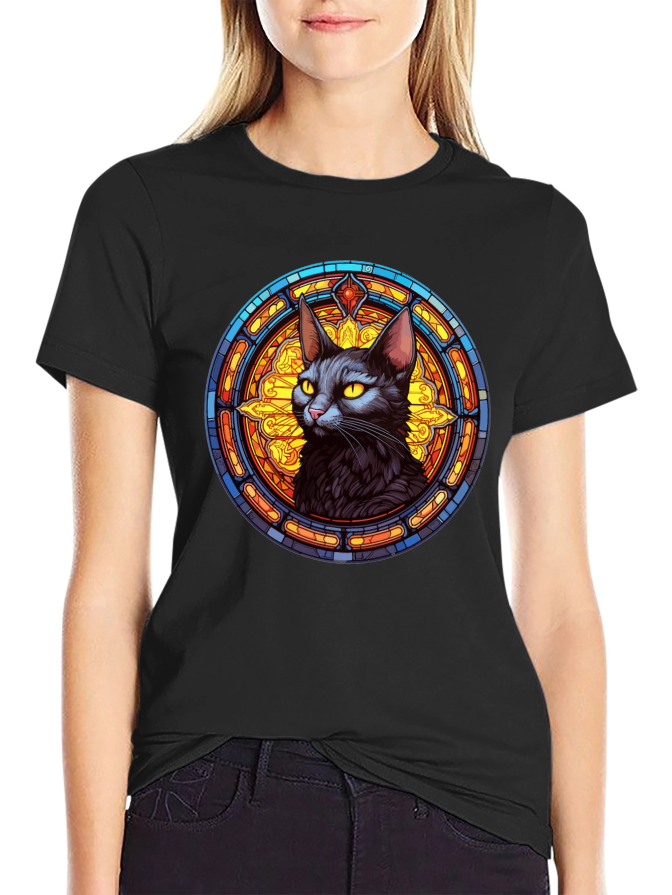 Stained Glass Cat Graphic Tee - Unique Design
