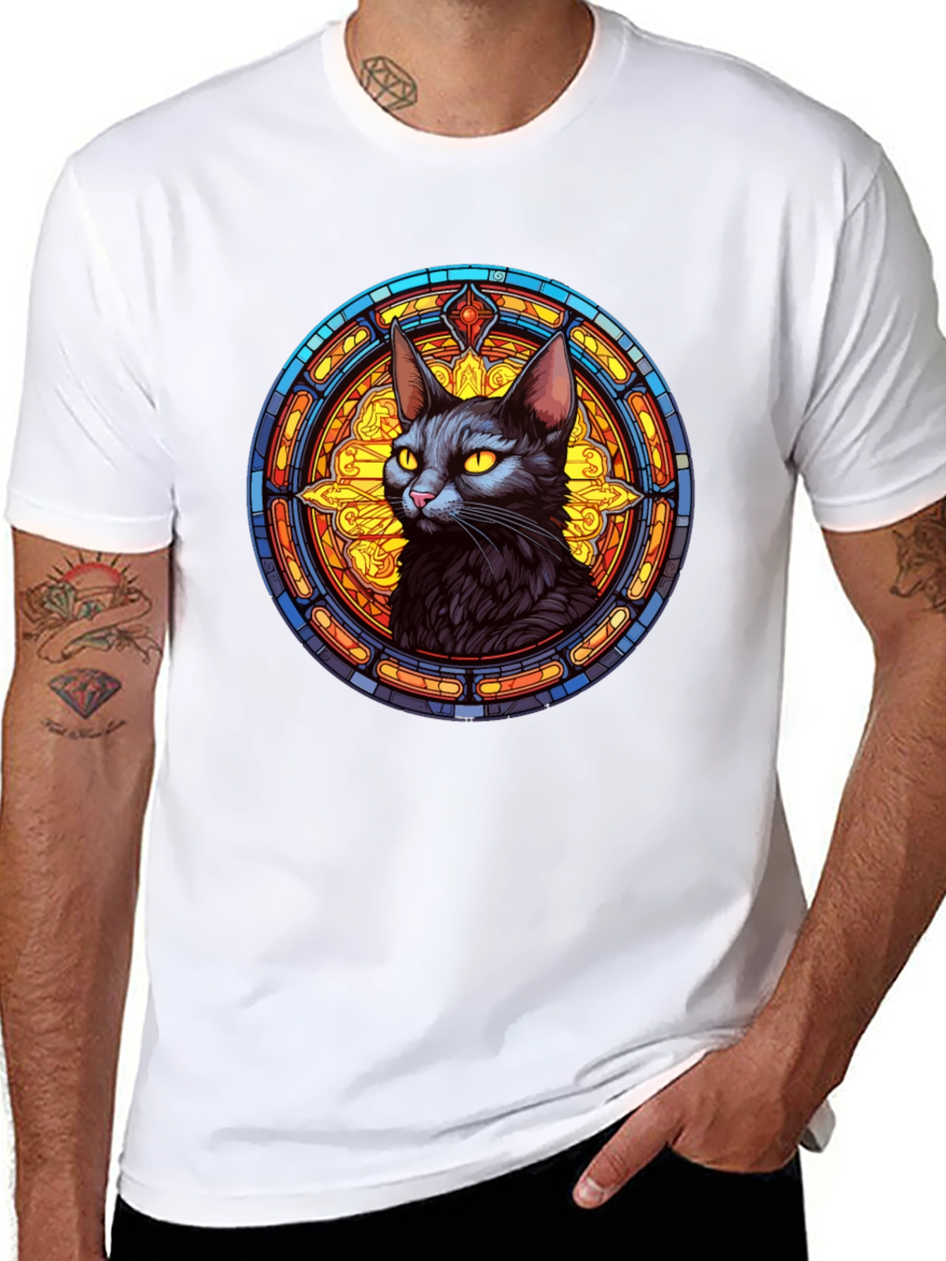 Stained Glass Cat Graphic Tee - Unique Design