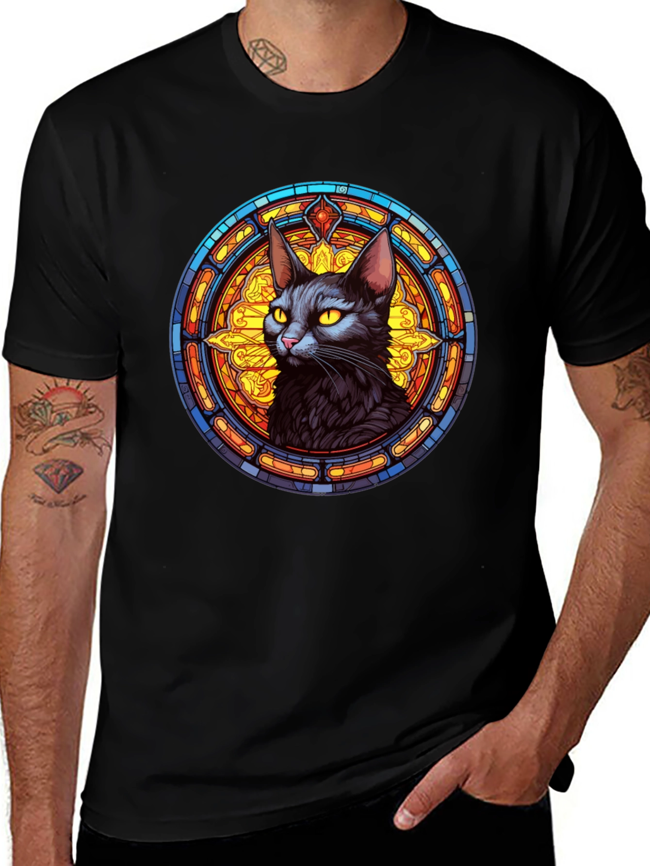 Stained Glass Cat Graphic Tee - Unique Design