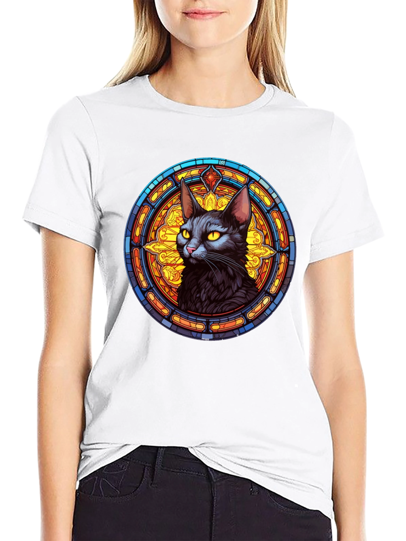 Stained Glass Cat Graphic Tee - Unique Design