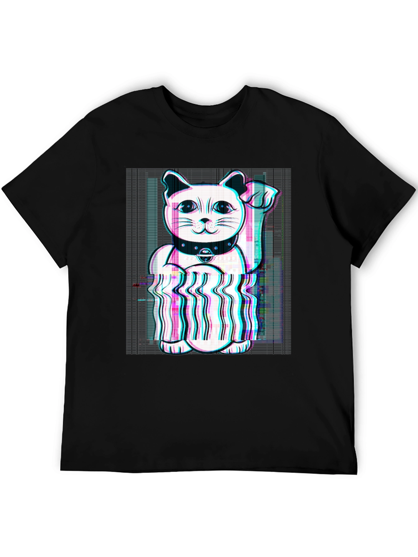 Lucky Cat Glitch Tee - Black Cotton Graphic T-Shirt