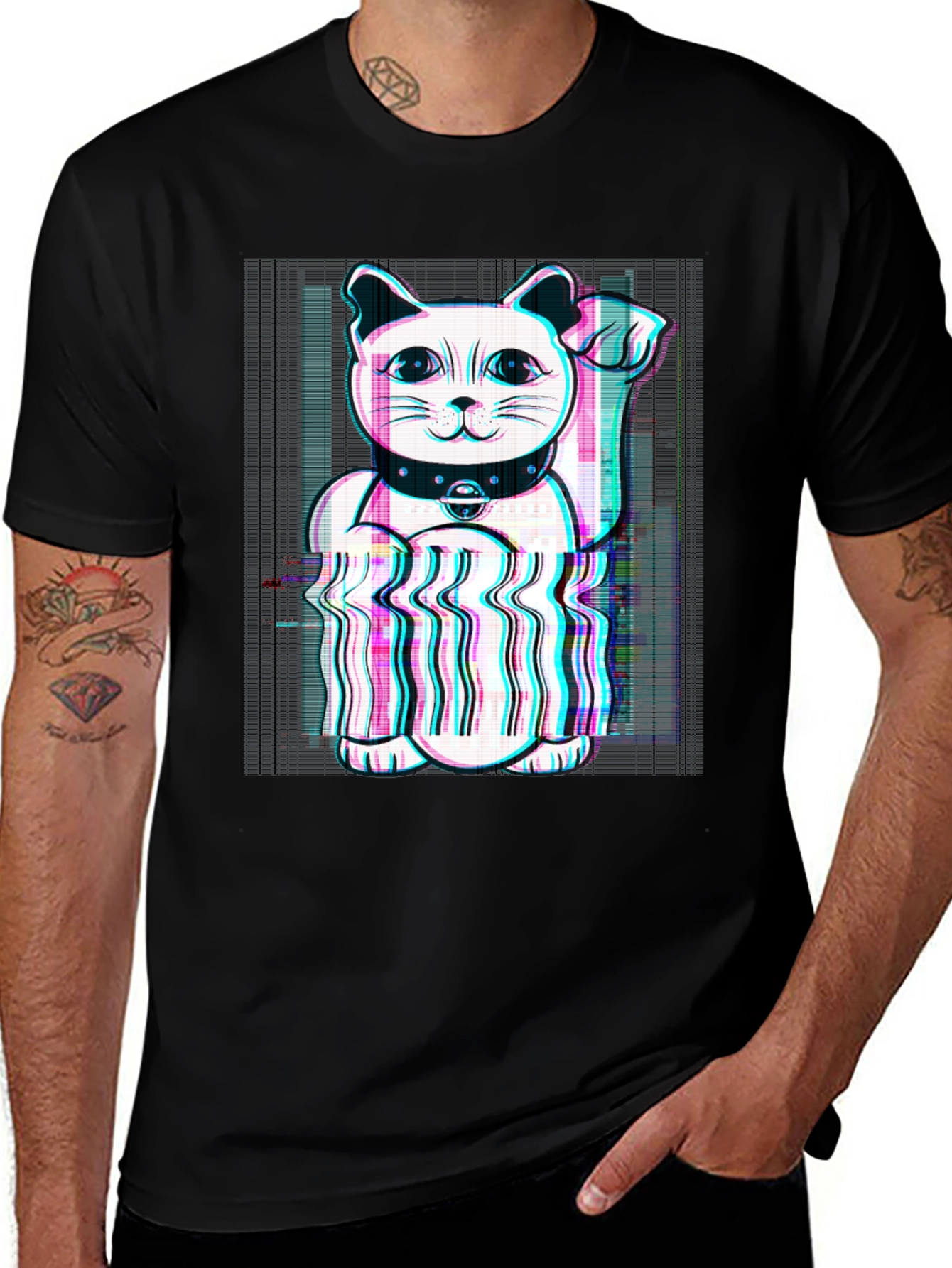Lucky Cat Glitch Tee - Black Cotton Graphic T-Shirt