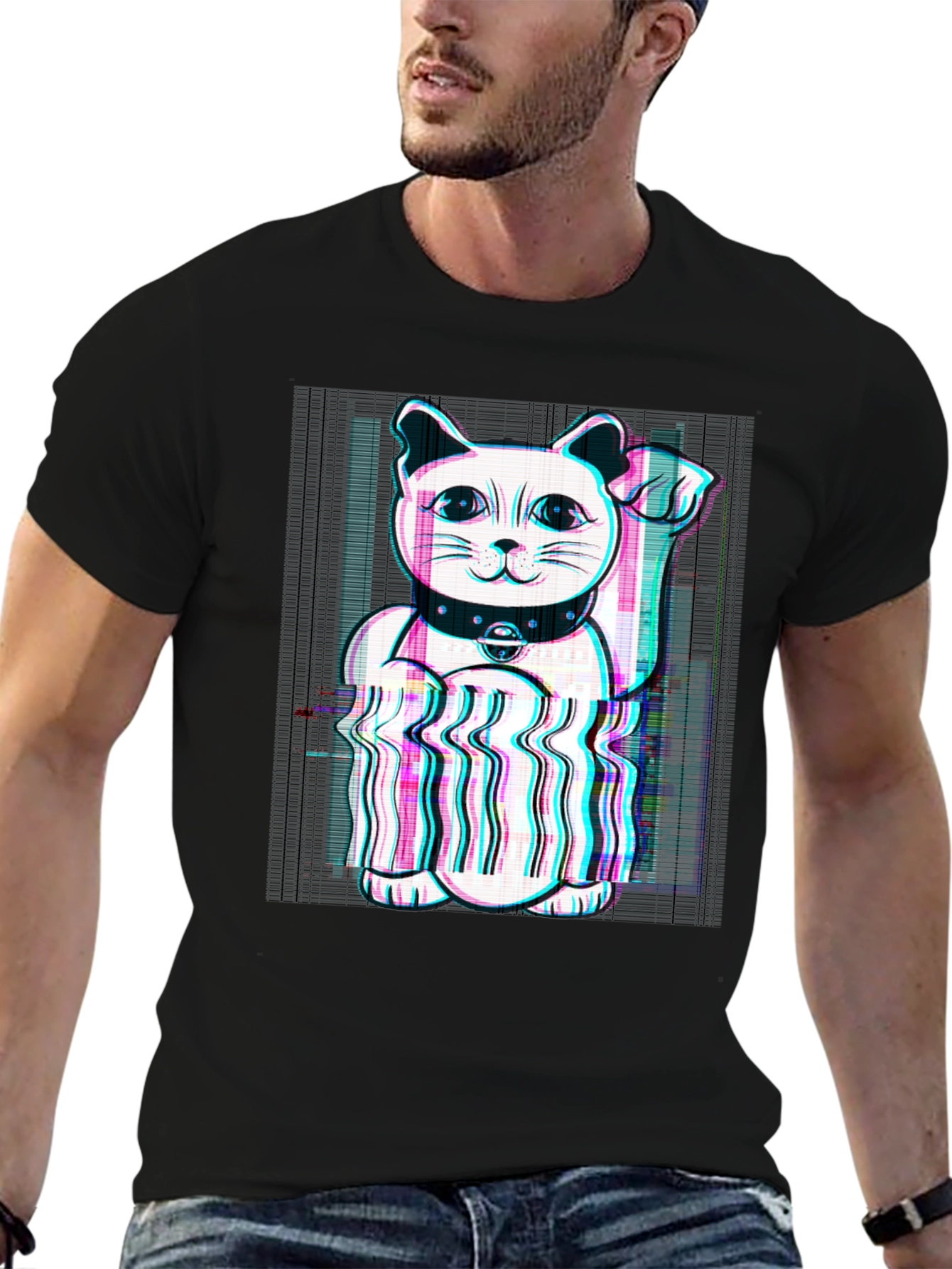 Lucky Cat Glitch Tee - Black Cotton Graphic T-Shirt
