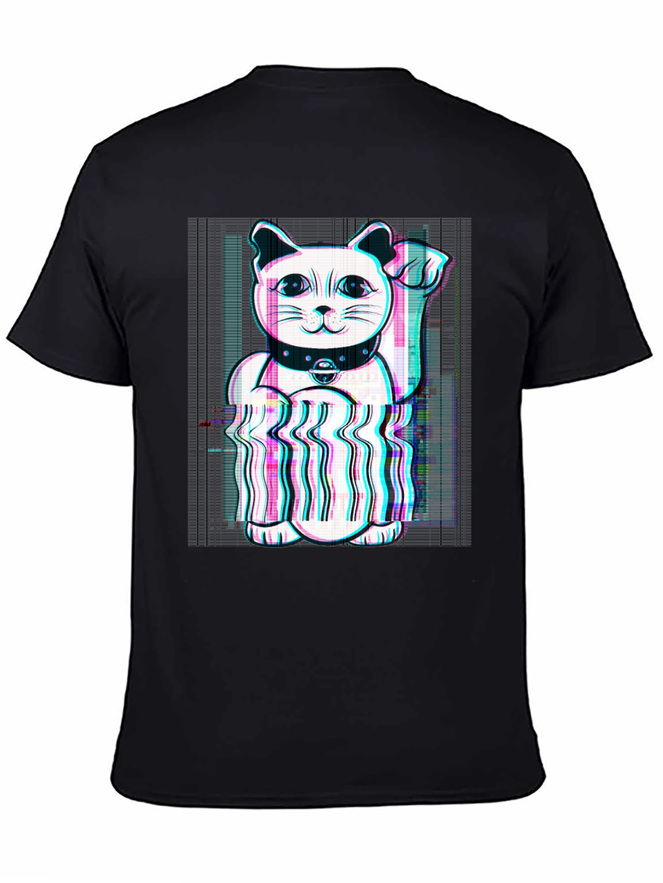 Lucky Cat Glitch Tee - Black Cotton Graphic T-Shirt