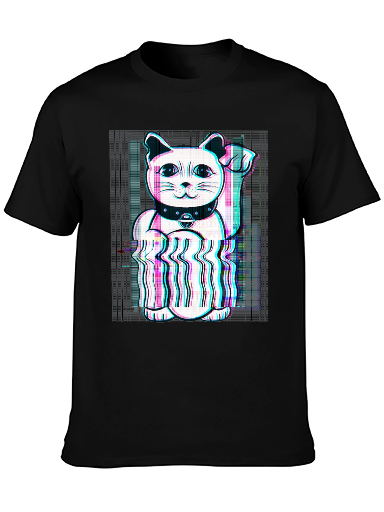 Lucky Cat Glitch Tee - Black Cotton Graphic T-Shirt