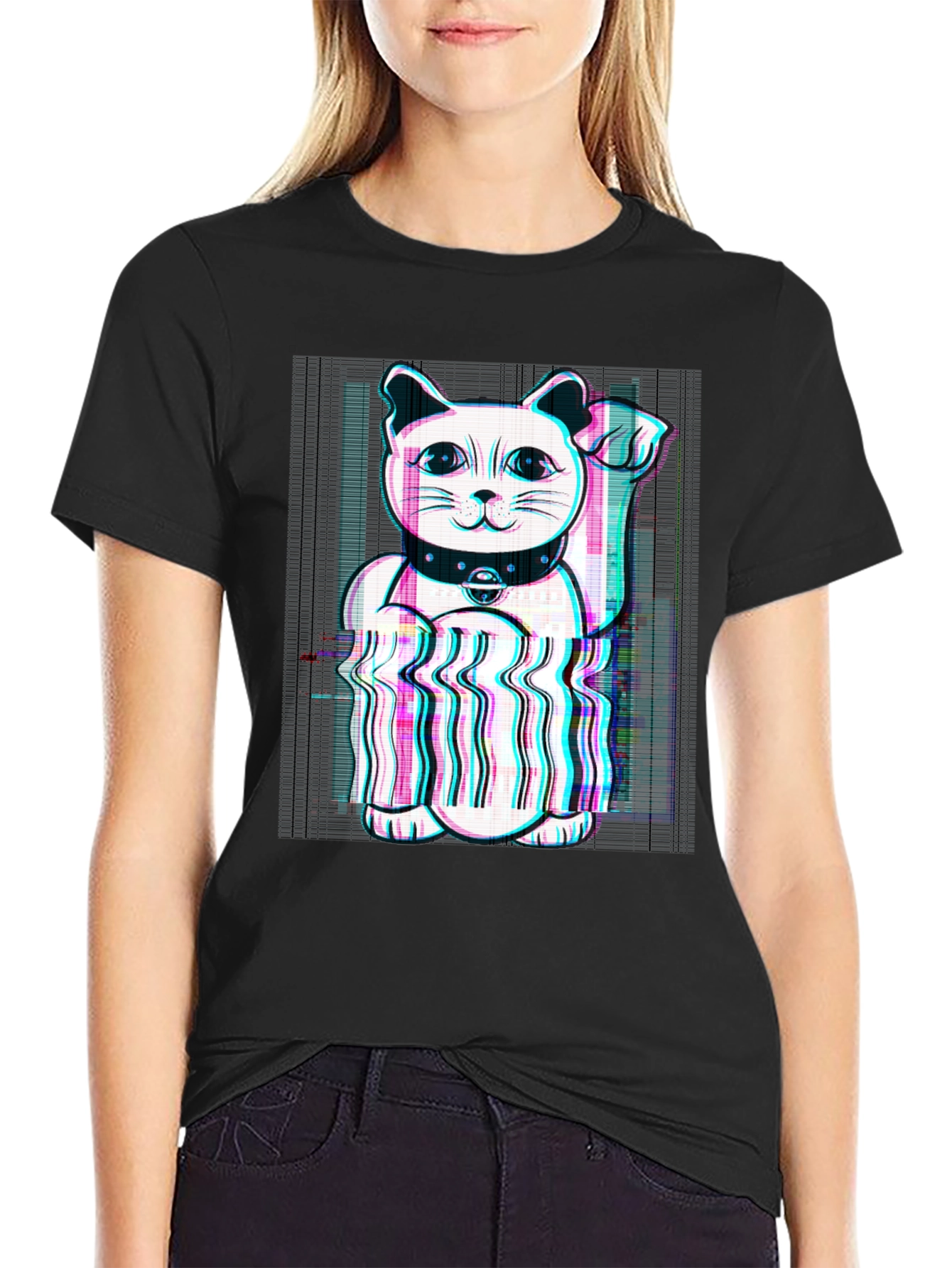 Lucky Cat Glitch Tee - Black Cotton Graphic T-Shirt