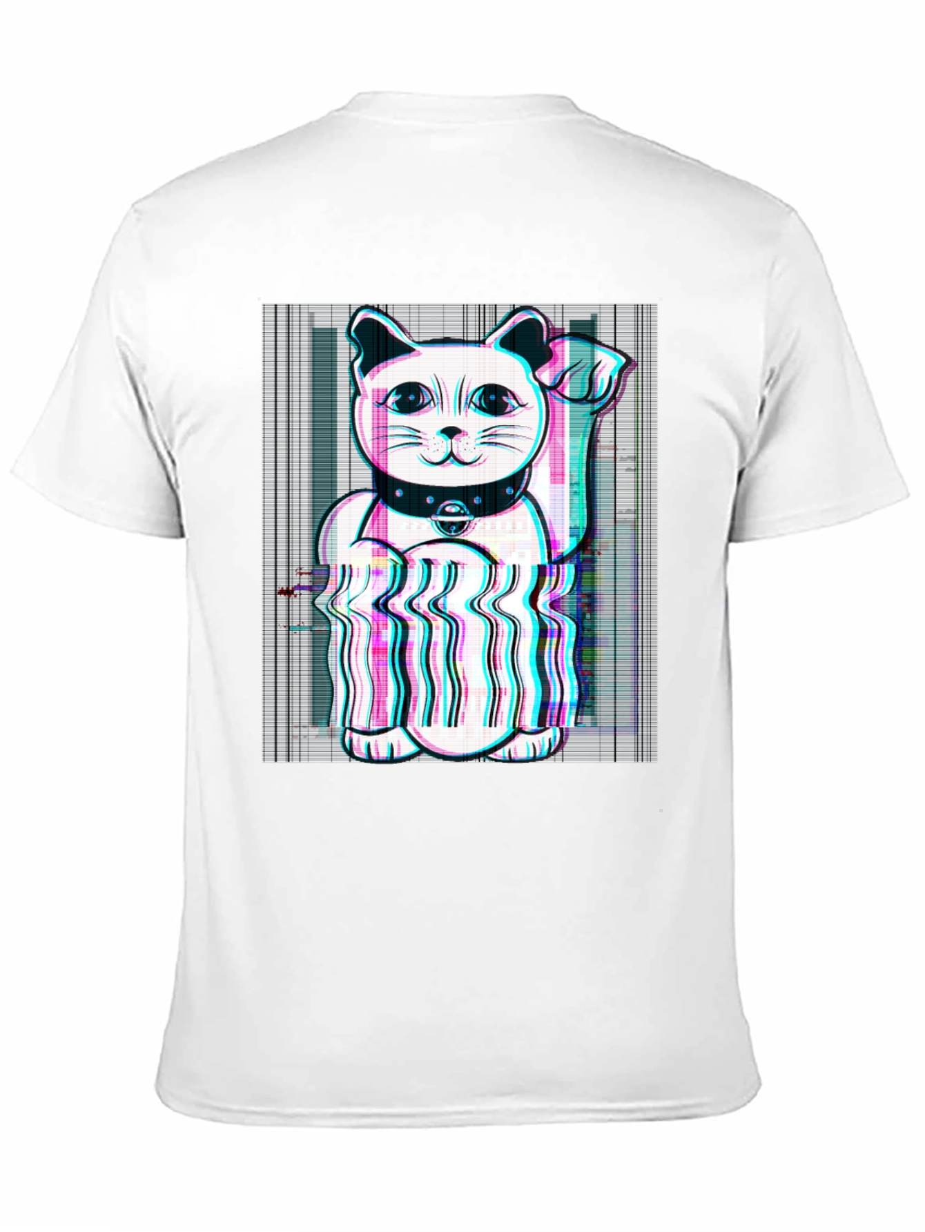 Lucky Cat Glitch Tee - Black Cotton Graphic T-Shirt