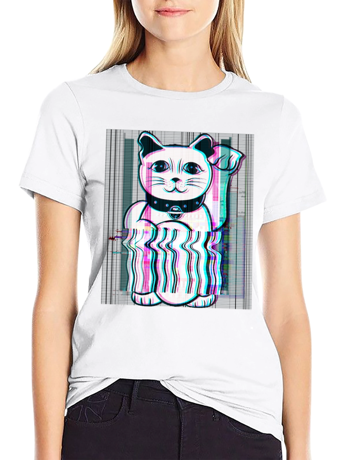 Lucky Cat Glitch Tee - Black Cotton Graphic T-Shirt