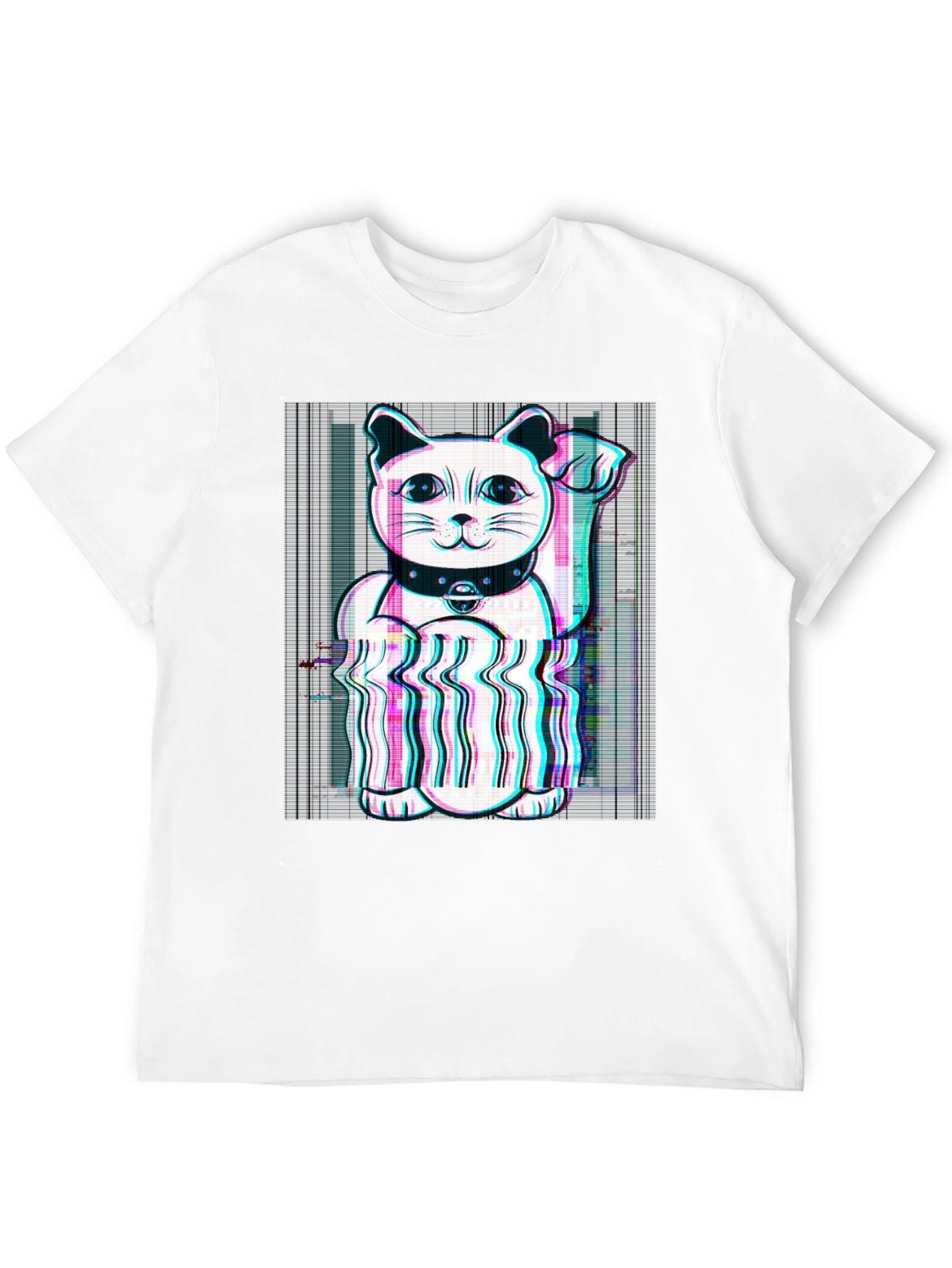 Lucky Cat Glitch Tee - Black Cotton Graphic T-Shirt