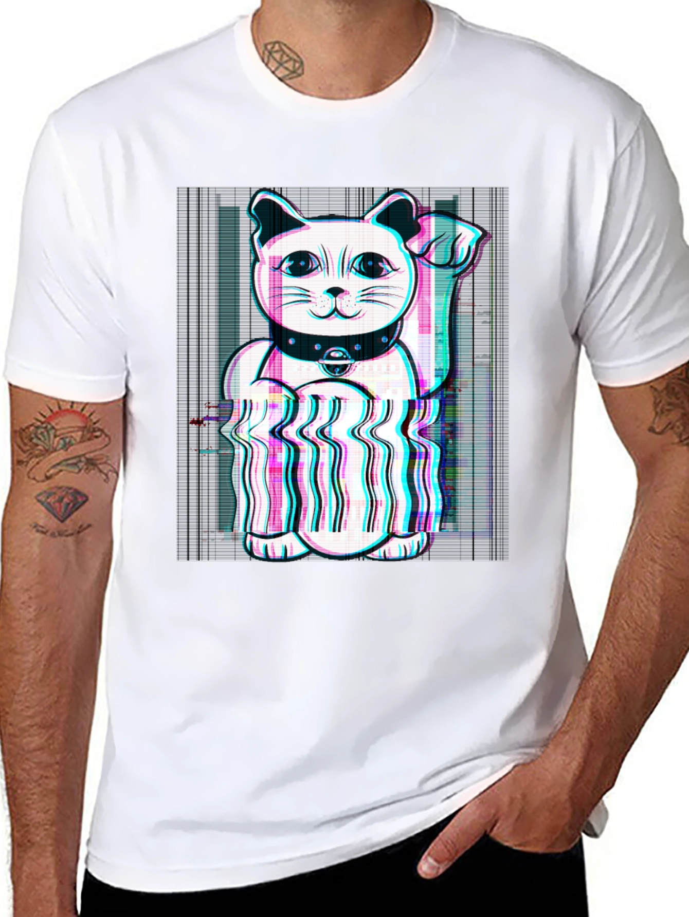 Lucky Cat Glitch Tee - Black Cotton Graphic T-Shirt