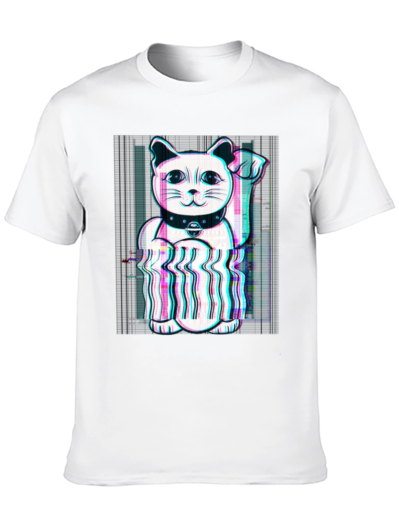 Lucky Cat Glitch Tee - Black Cotton Graphic T-Shirt
