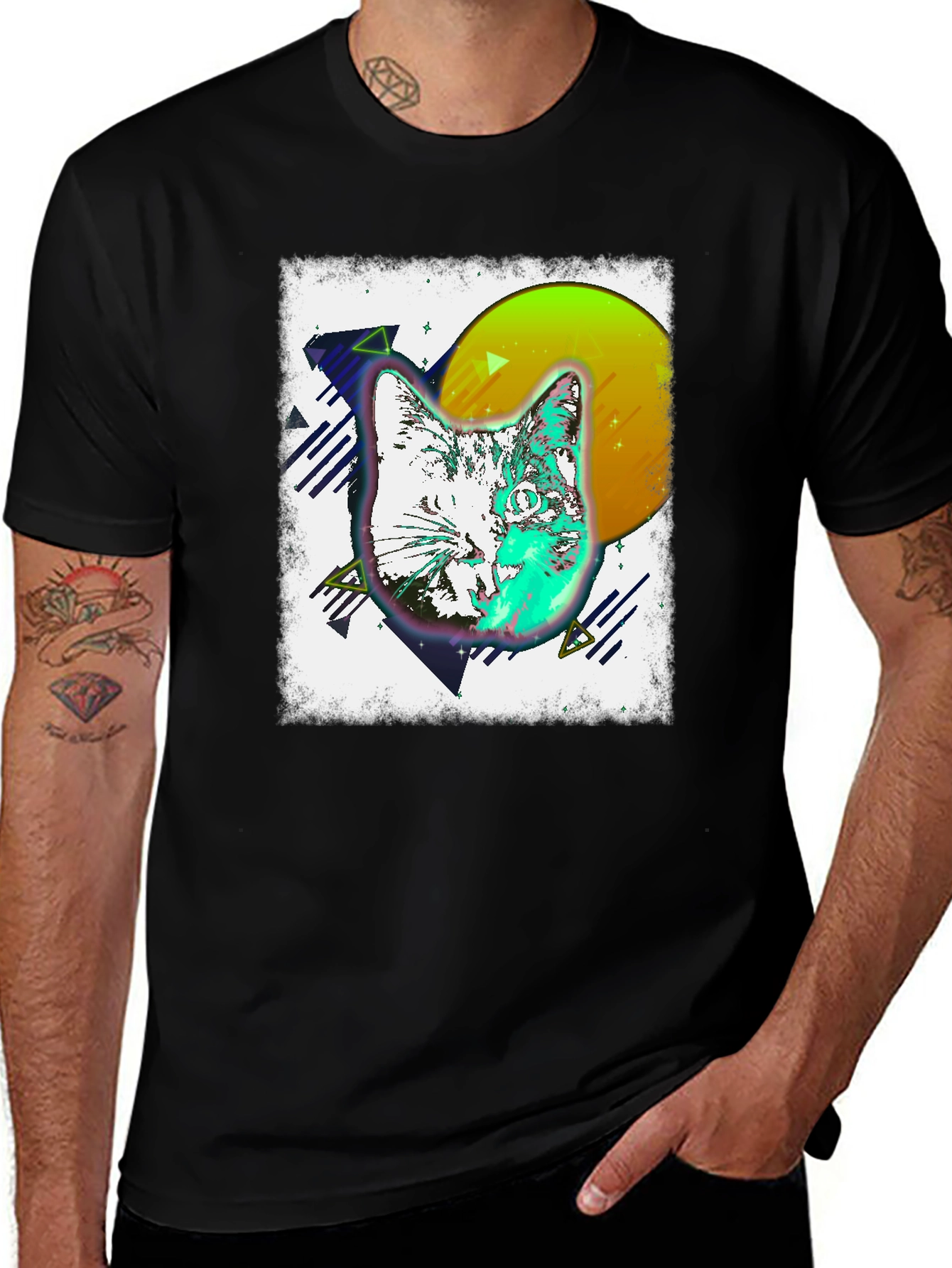 Retro Cat Graphic Tee - Mens Black T-Shirt