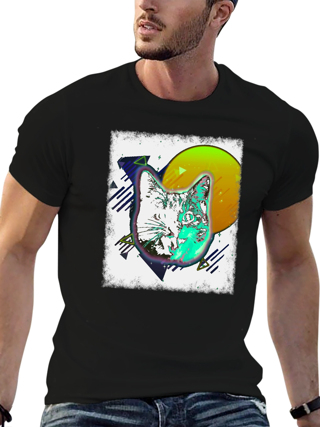 Retro Cat Graphic Tee - Mens Black T-Shirt
