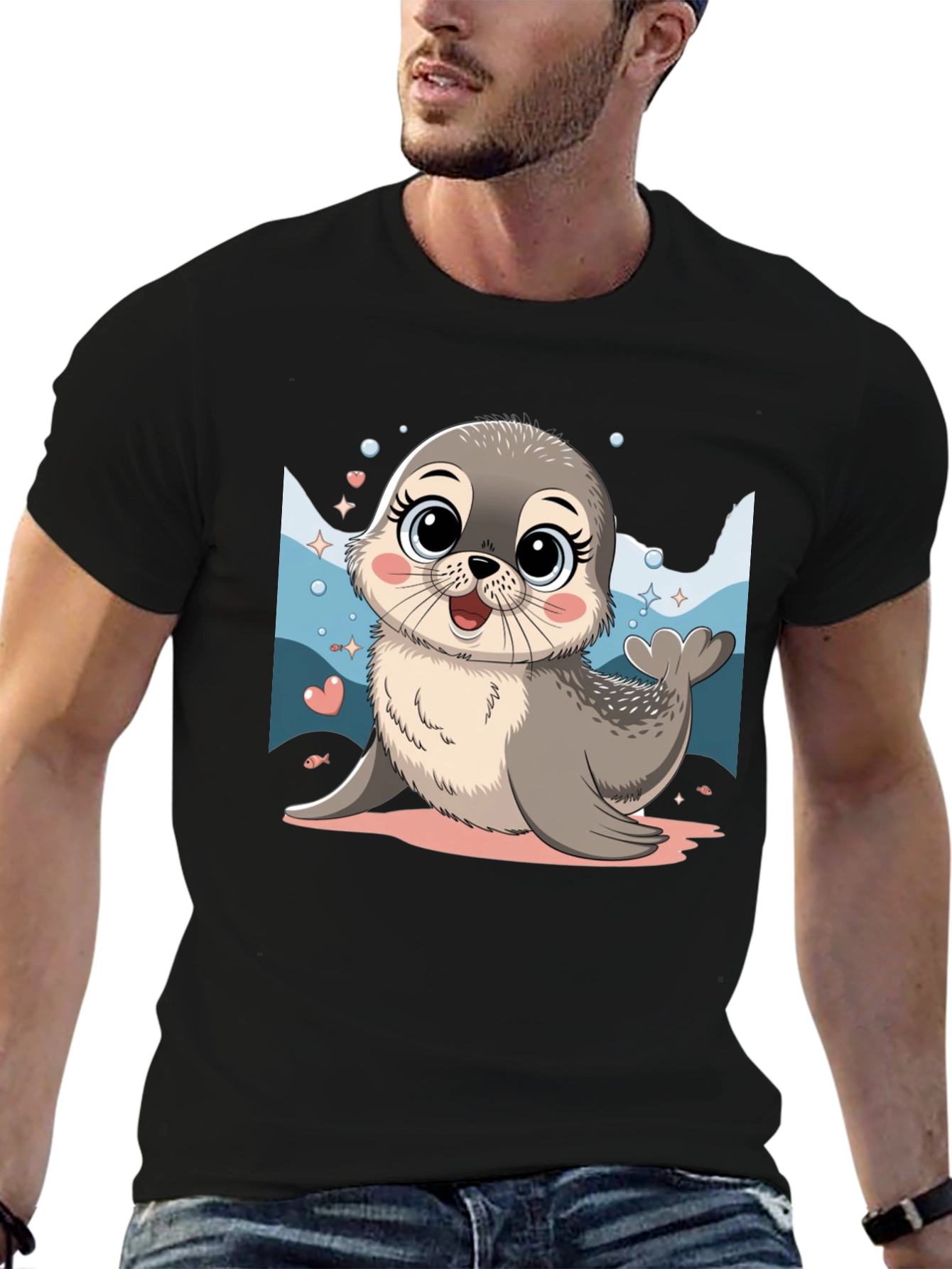 Cute Seal Cartoon Graphic Tee - Black Cotton Blend