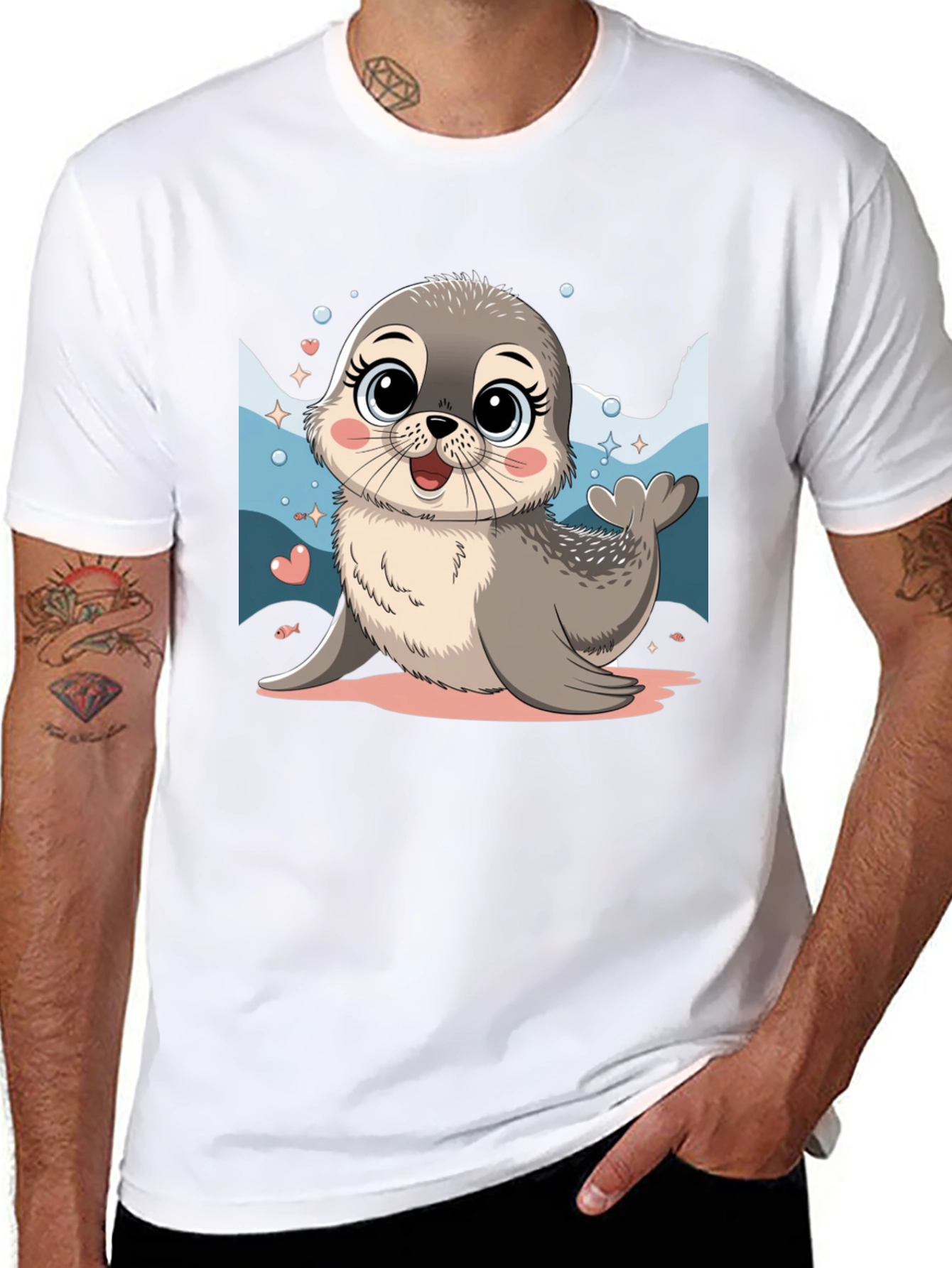 Cute Seal Cartoon Graphic Tee - Black Cotton Blend