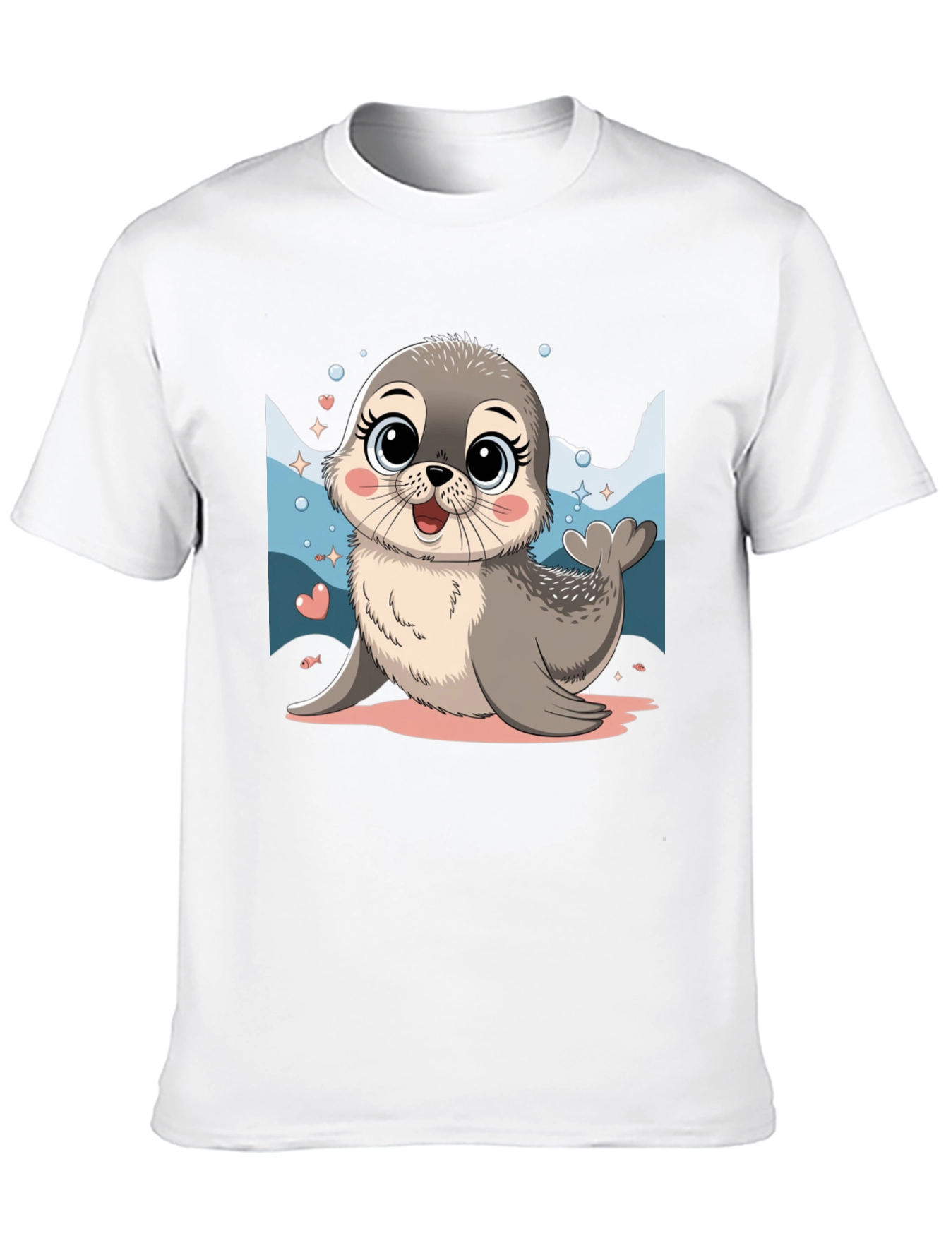 Cute Seal Cartoon Graphic Tee - Black Cotton Blend