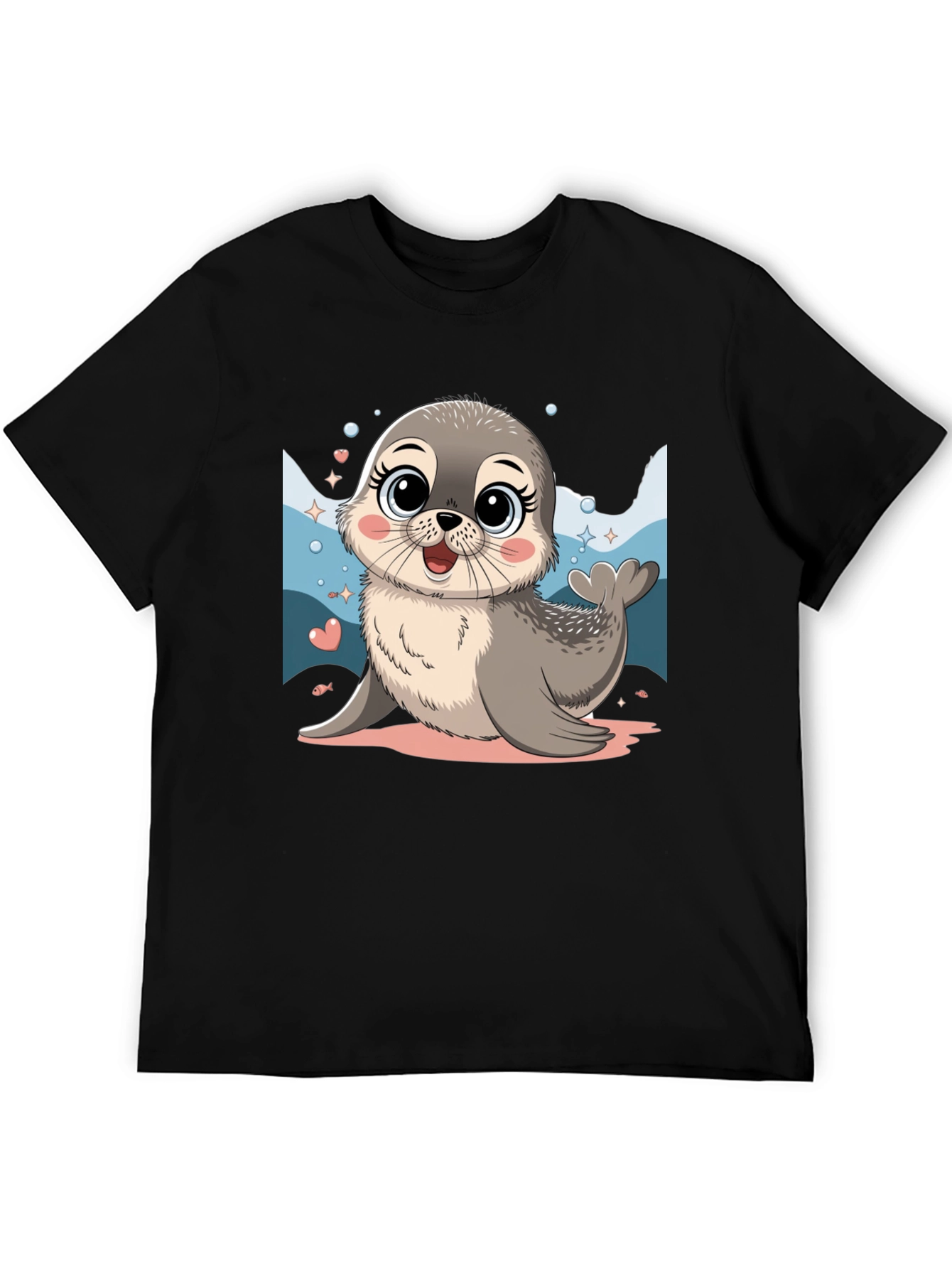 Cute Seal Cartoon Graphic Tee - Black Cotton Blend