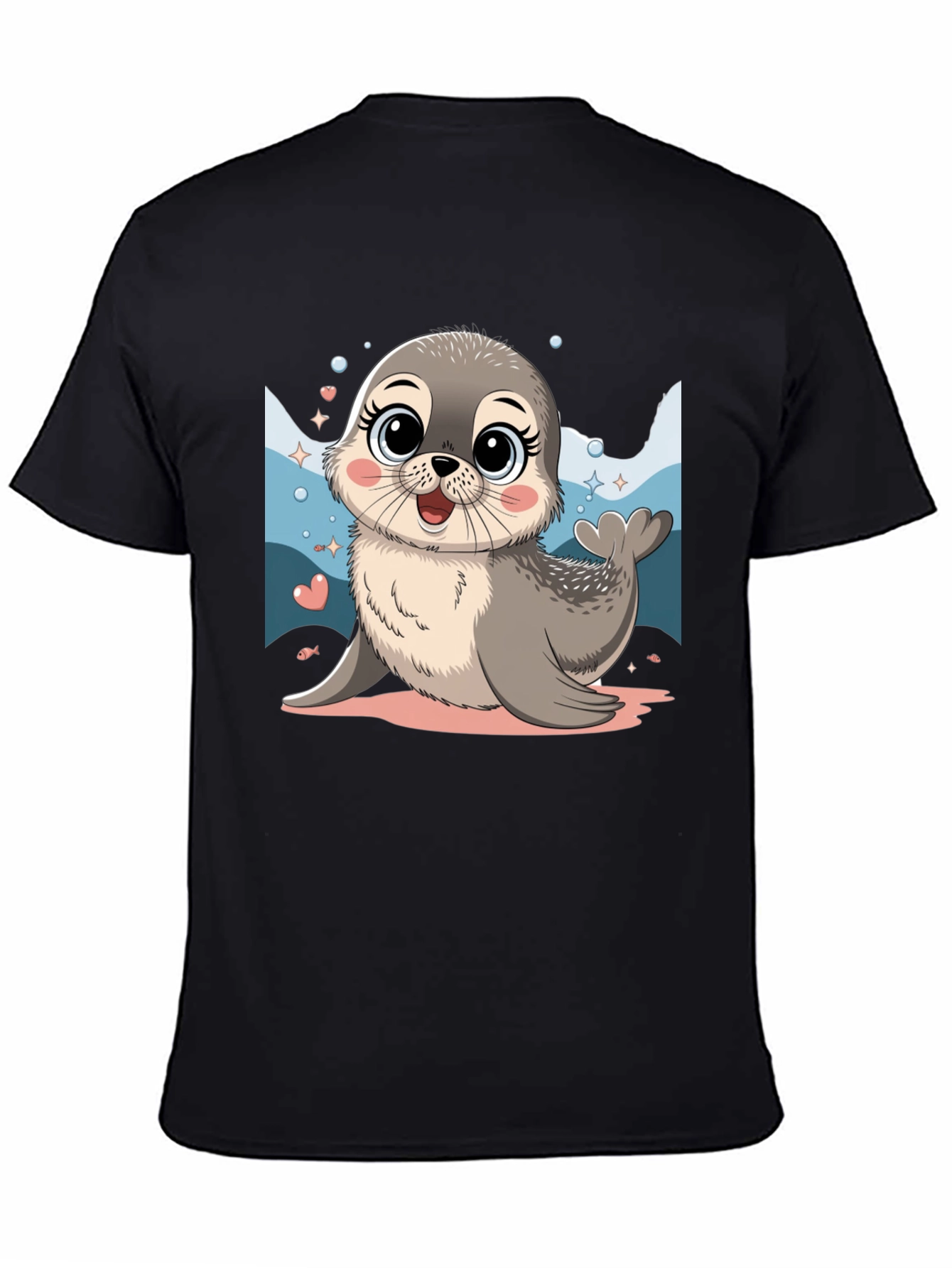 Cute Seal Cartoon Graphic Tee - Black Cotton Blend