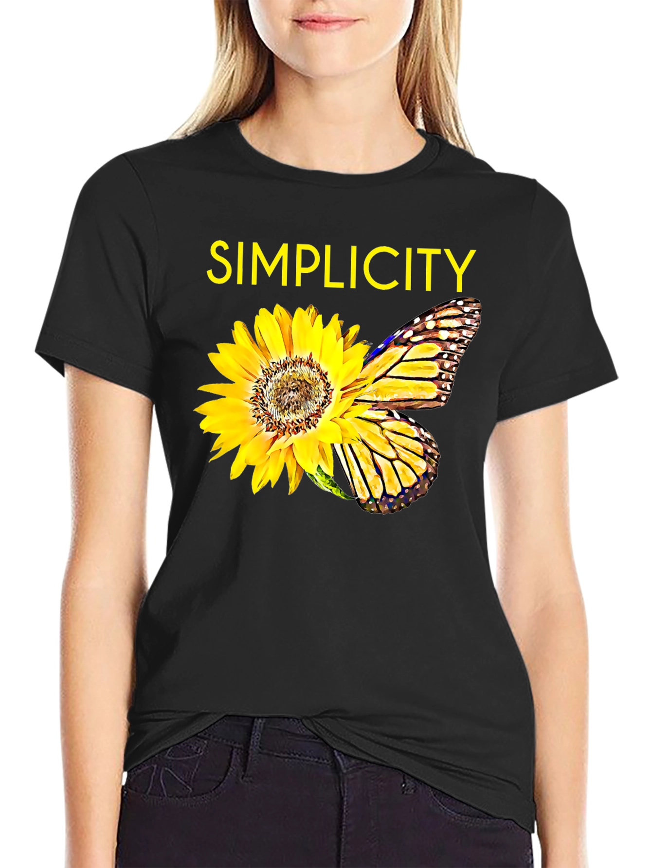 Simplicity Sunflower Butterfly Graphic Tee - Black